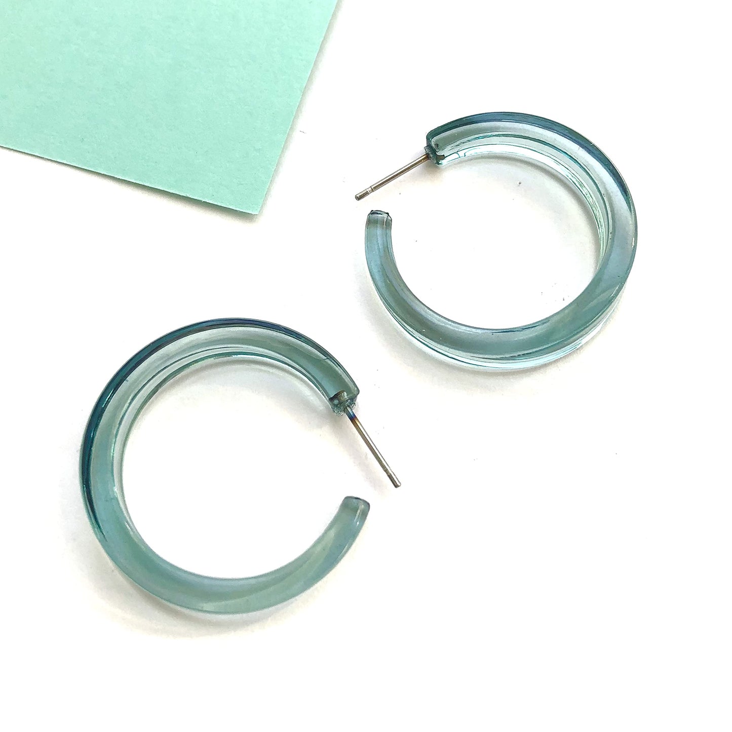 Leetie Lovendale Lola Hoop Earrings, Hypoallergenic Hoop Earrings for Women, Made With Surgical Steel & Lucite, Lightweight & Comfortable, Hand-Made In The USA, 1.25” Diameter, (Transparent Seafoam)