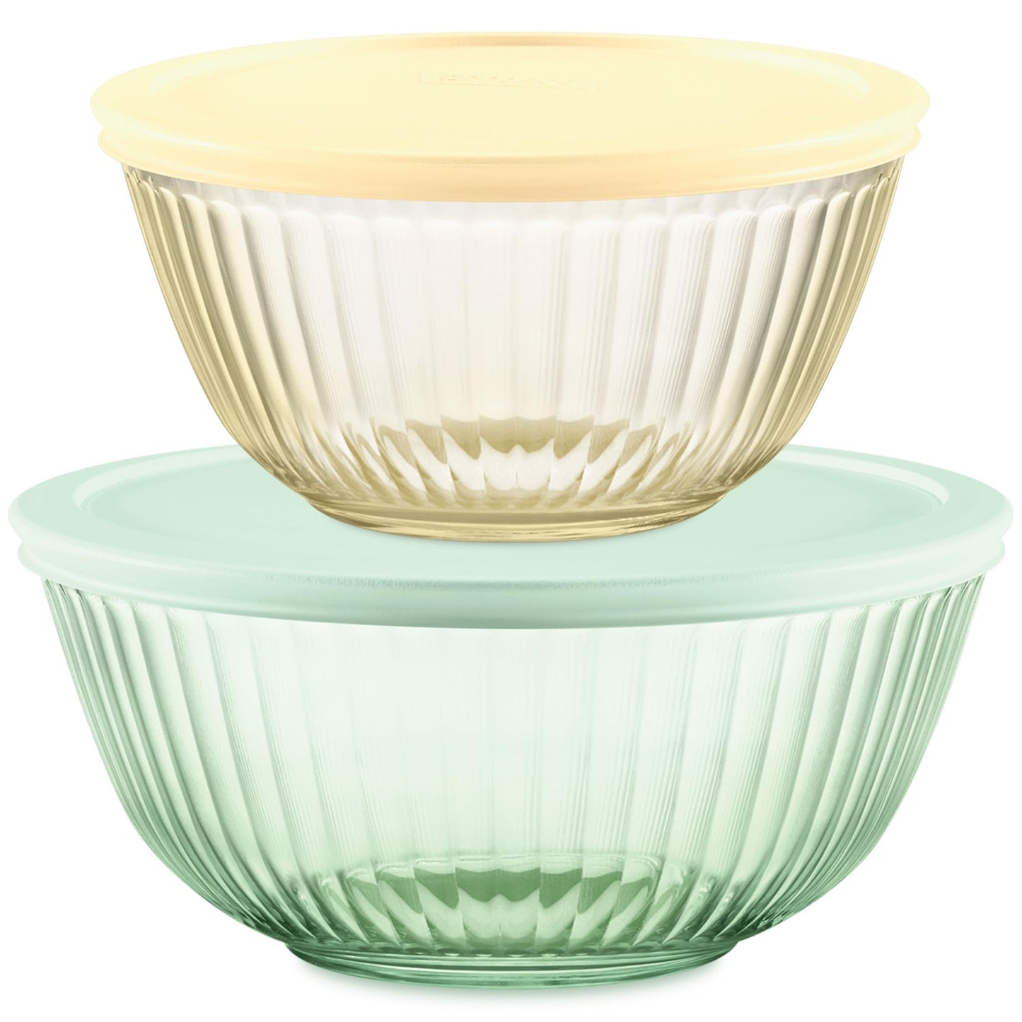 Pyrex Colors (2-Pack) Sculpted Tinted Small/Medium Glass Mixing Bowls With Lids, Nesting Space Saving Set of Bowls For Prepping and Baking, 1.3QT & 2.3QT
