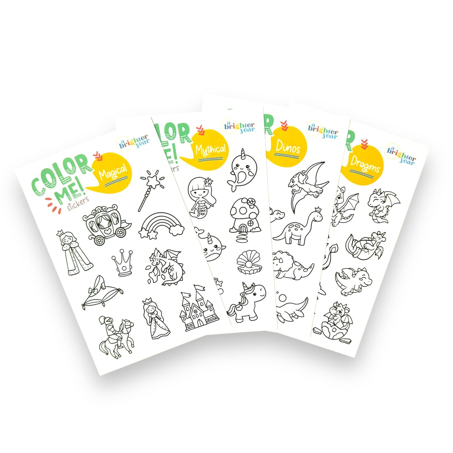 A Brighter Year Color-Your-Own Sticker Bundle, Mythical & Magical Edition - 3-Pack of 8.5” x 5.5” Sheets of 10 Stickers Each – Each Sticker is 1.5-2” x 2-3” - Notebooks, Planner, Gift Wrap