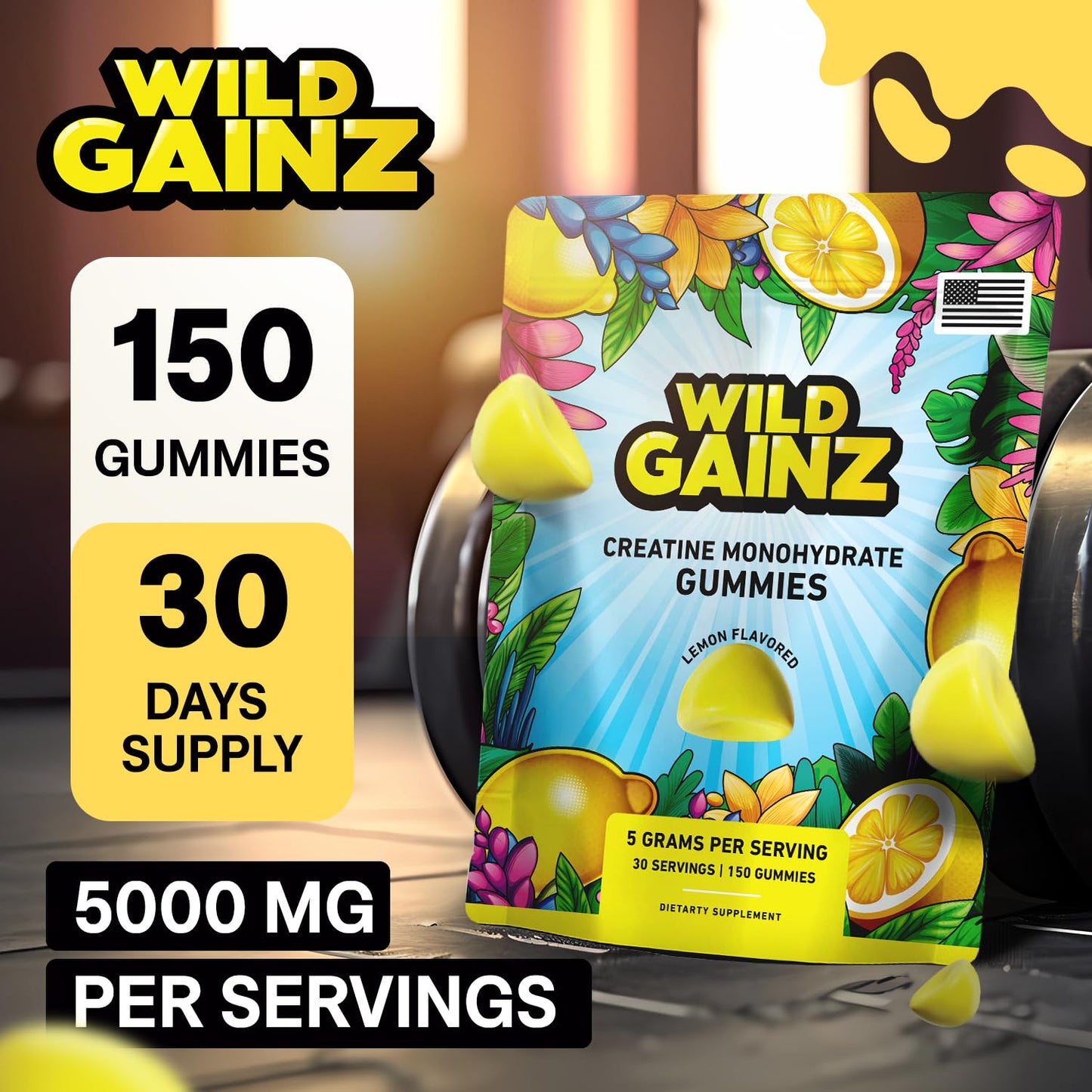 WILD GAINZ Creatine Monohydrate Gummies 5g - Made in USA - Pre Workout Creatine Chews for Women & Men, Vegan Creatine Gummy Candy, Chewable Nutritional Supplements, NSF Certified (Lemon, 150 Count)