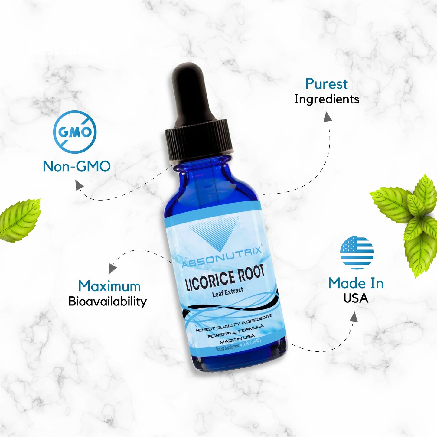 Absonutrix Licorice Root 330 mg, 4 Oz Liquid, 300 Servings, Made in USA, Quick Absorption, Quality Potent Ingredients, Non-GMO, GMP-Certified Facility, Cruelty-Free Products