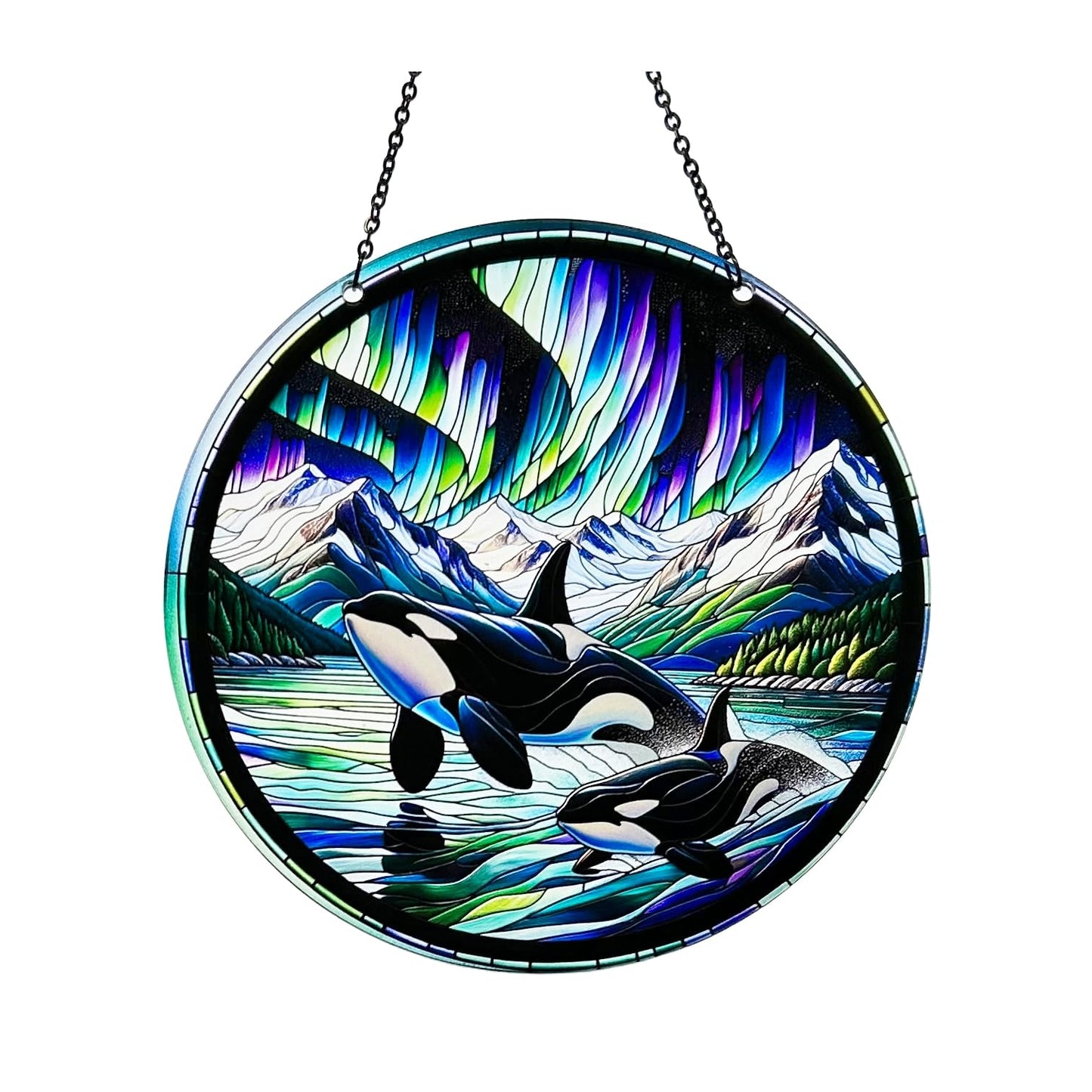 d'ears - Orca Northern Lights - Acrylic Suncatcher with Chain - 6 Inch Diameter - Colorful - Nature - Window Art - Made in The USA