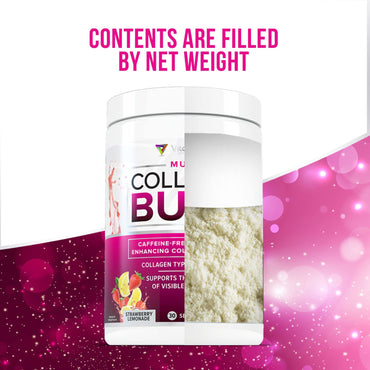 Multi Collagen Burn: Hydrolyzed Protein Peptides with Hyaluronic Acid, Vitamin C, SOD B Dimpless, Types I, II, III, V and X, Caffeine-Free Strawberry Lemonade Flavored 30 Servings