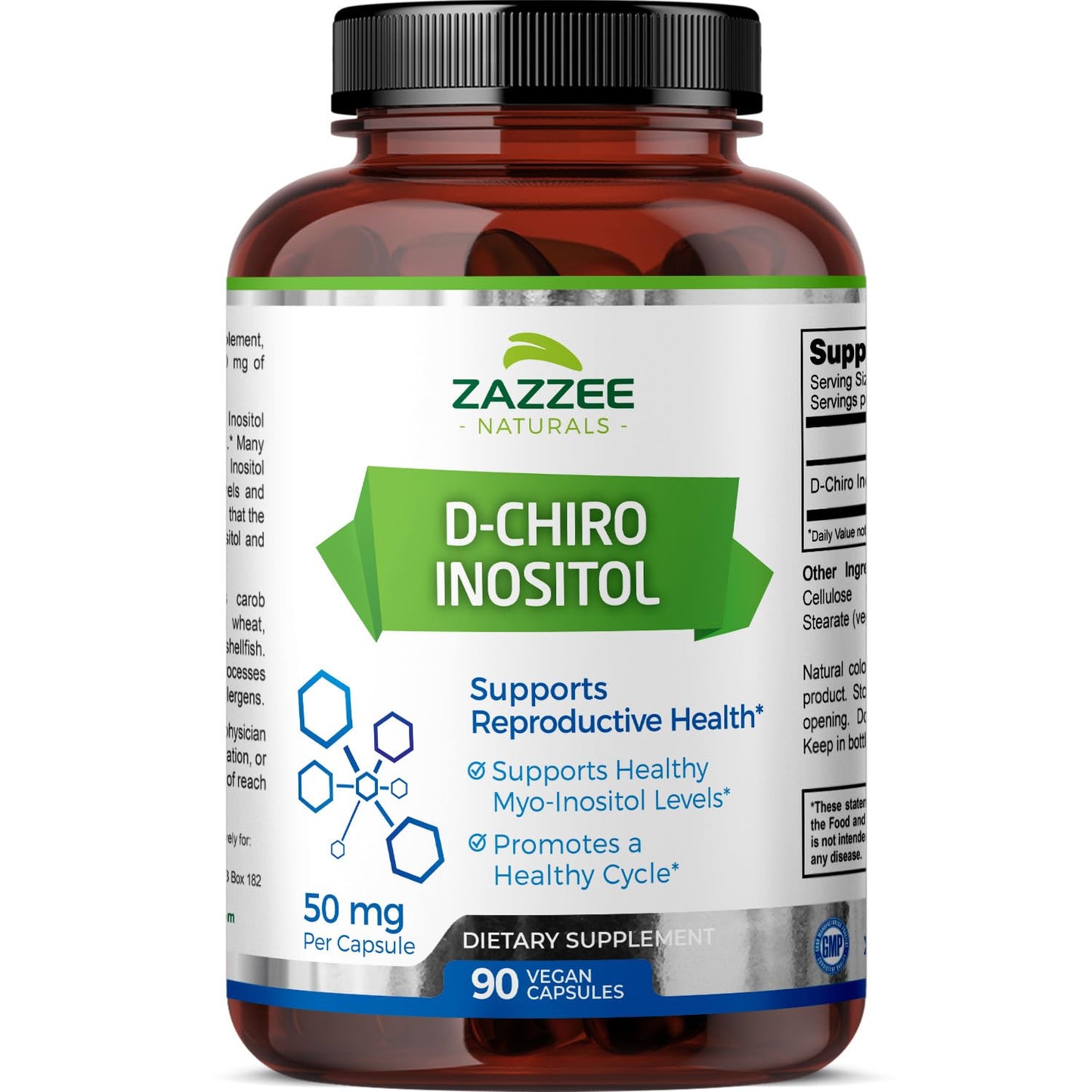 Zazzee D-Chiro-Inositol, 50 mg per Capsule, 90 Vegan Capsules, Ideal Dosage for 40:1 Ratio with Myo-Inositol, 3 Month Supply, 100% Vegetarian, Non-GMO