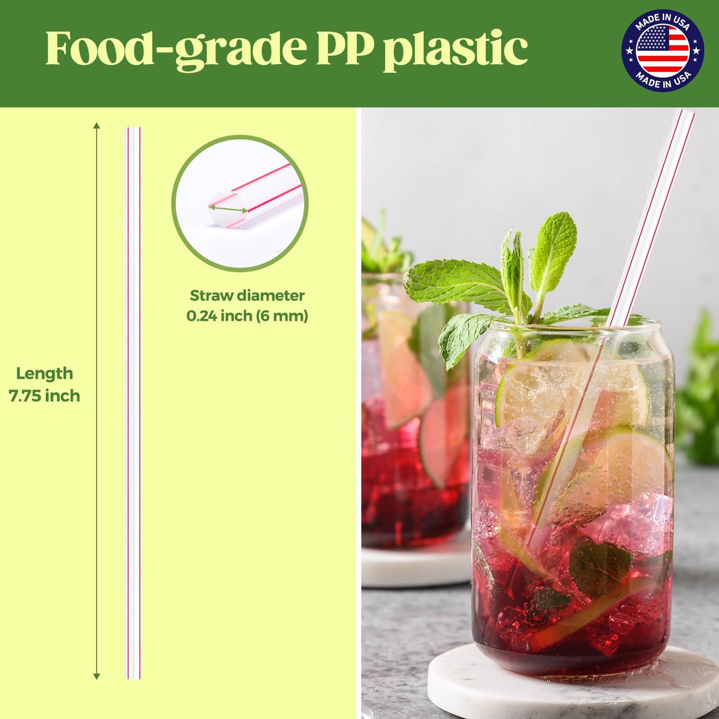 Glotoch Express 1000 PCS Individually Wrapped Plastic Straws, 7.75'' Long, 0.24'' Diameter Disposable Drinking Straws for Every Occasion, Party, Made in USA (White & Red Stripes)