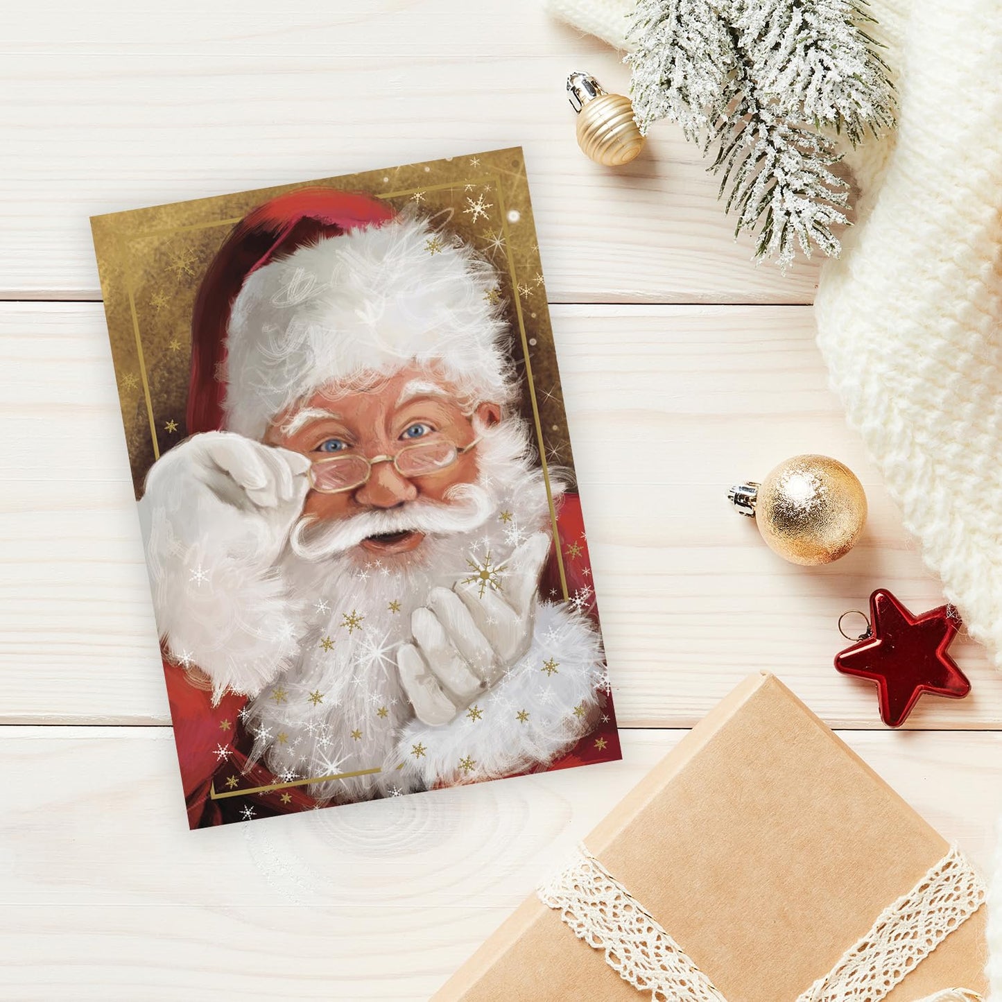 Canopy Street Masterpiece Sparkling Santa Christmas Cards / 16 Festive Holiday Cards Set With White Envelopes / 5 5/8" x 7 7/8" Winter Gold Foil Greeting Cards With Inside Verse/Made In The USA