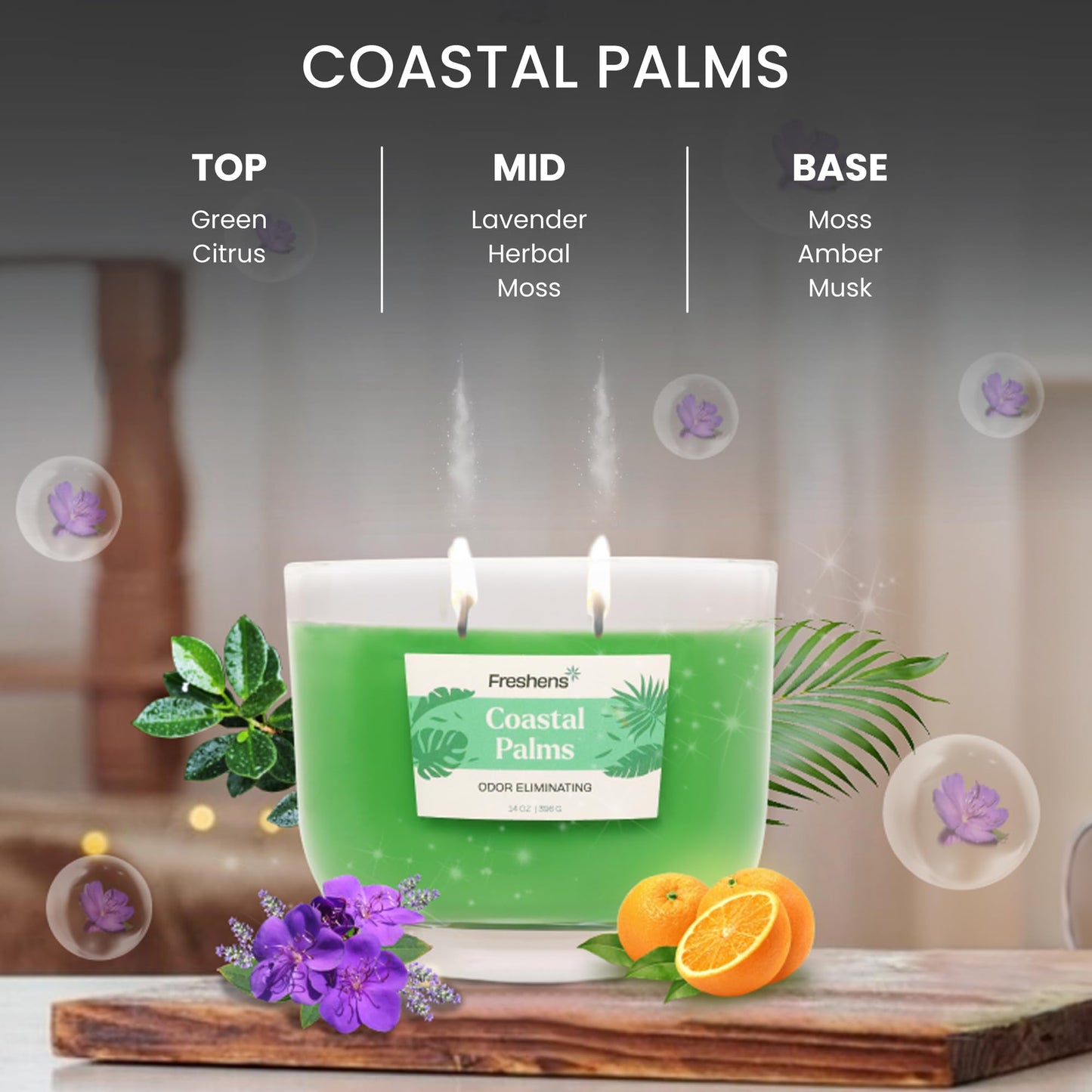 Carolina Freshens Coastal Palms Odor Eliminating Highly Fragranced Candle for Home Scented, Eliminates 90% of Pet, Smoke, Food and Other Smells Quickly, 2 Wick, 14 oz - Made in The USA