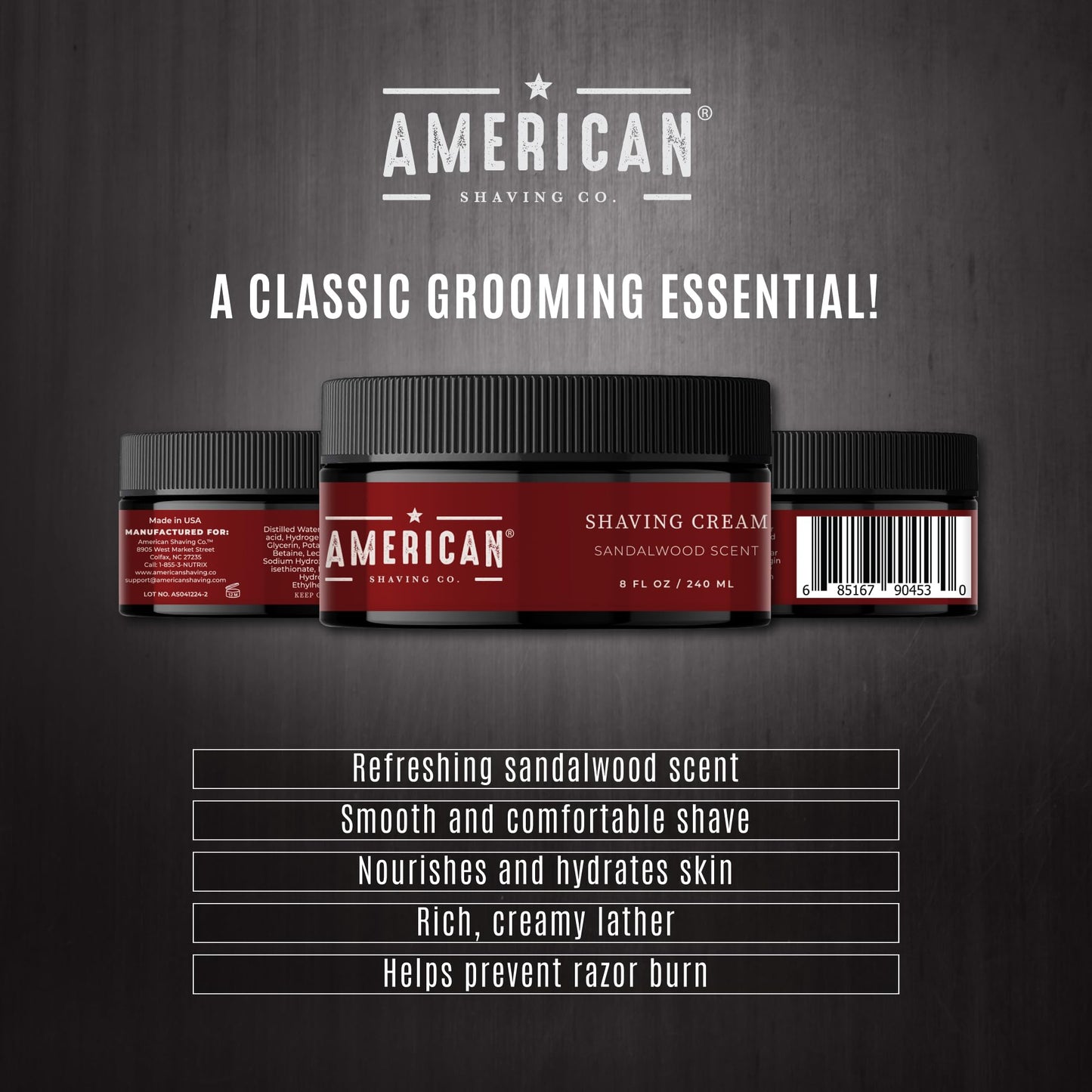 American Shaving Co. Sandalwood Shaving Cream For Men 8 Oz, Made in USA, Easy Application, Quality Potent Ingredients, Long-Lasting, Non-GMO, GMP Certified, Cruelty-Free Products