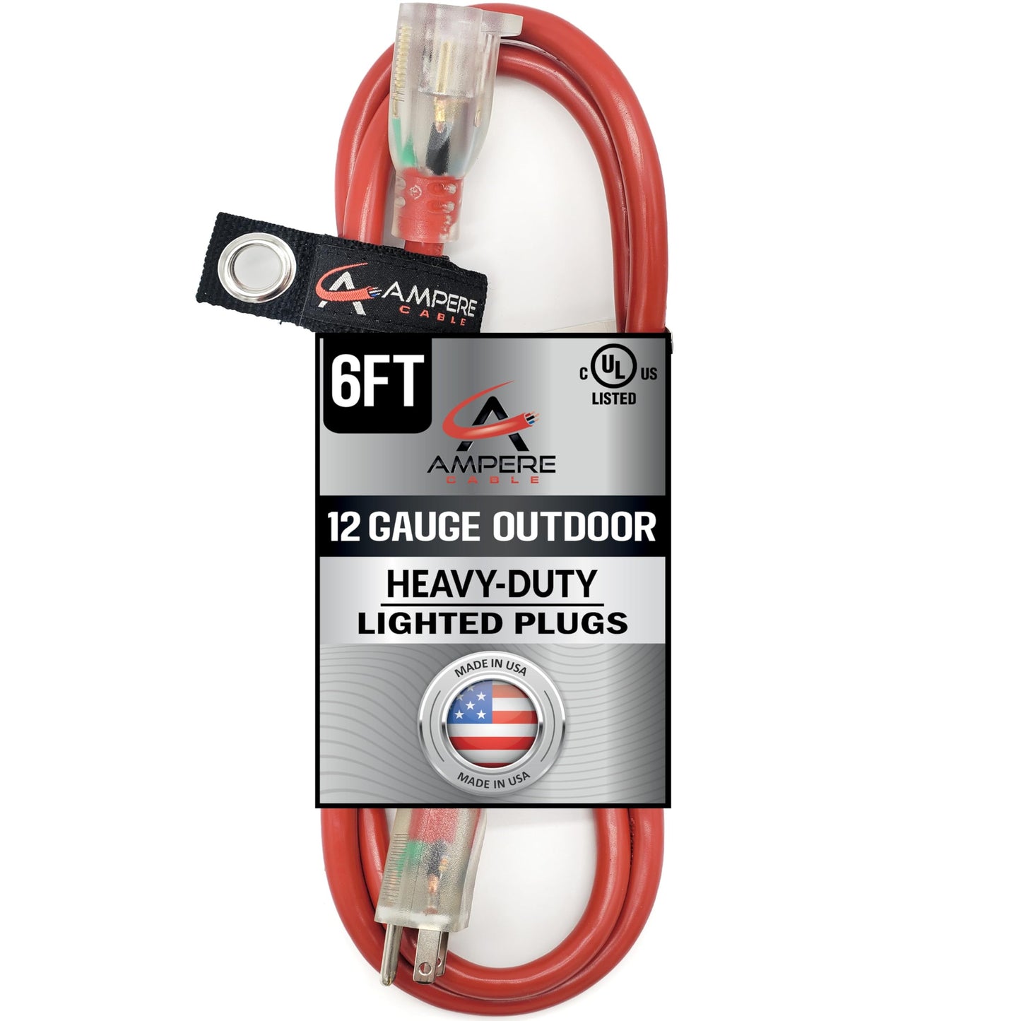 6 ft - 12 Gauge Extension Cord Outdoor - Made in USA - Lighted on Both Ends - Red Outdoor Extension Cord Waterproof by Anthem Cable - Heavy Duty Extension Cord