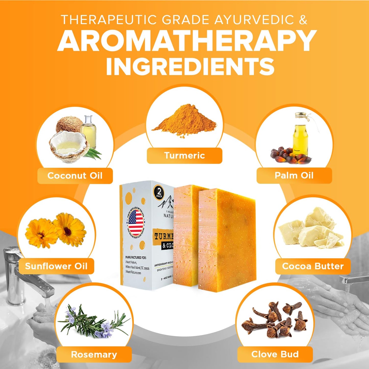 Organic Turmeric Soap for Dark Spots & Acne with Clove Bud (2 Packs) – Face & Body Bar – Rich, Creamy Lather for Natural Skin Glow Aromatherapy