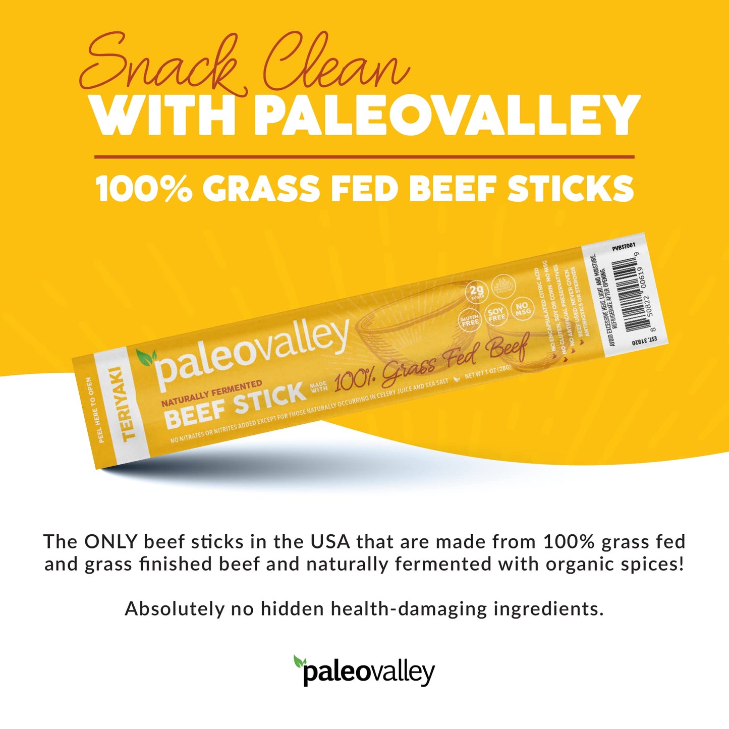 Paleovalley 100% Grass Fed Teriyaki Beef Sticks - Delicious Gluten Free Beef Snack - High Protein Keto Friendly