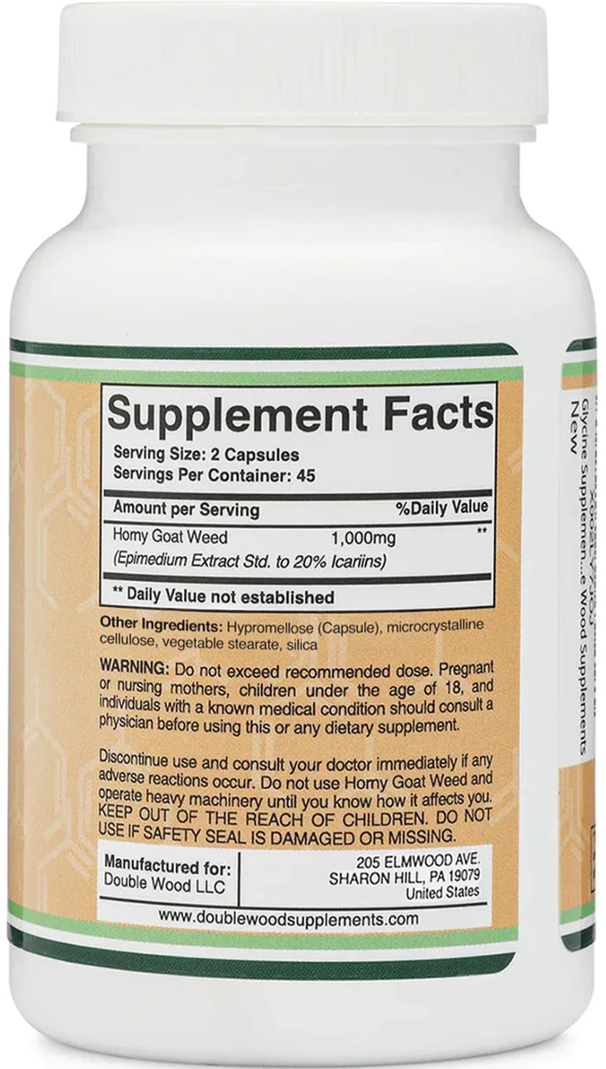 Horny Goat Weed for Men and Women - No Fillers (Max Strength Epimedium Std. to 20% Icariins) 1,000mg per Serving, 90 Capsules (Male Enhancing Supplement) by Double Wood