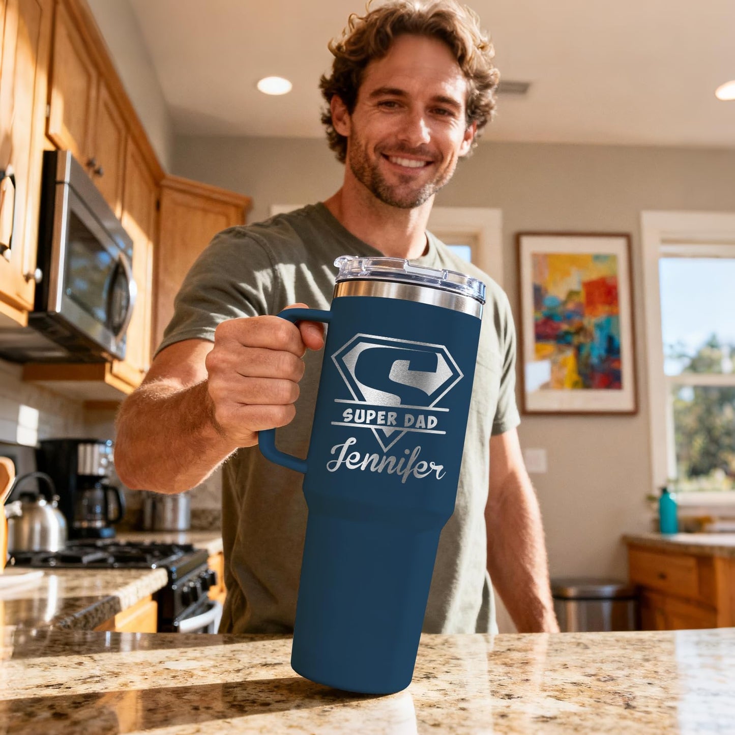 Made in USA - Personalized Tumbler 40oz with Handle and Straw - Custom Stainless Steel Travel Coffee Cup with Engraved Name Text - Personalized Birthday Gifts for Her, Mom, Friends (BLCAK-Men)