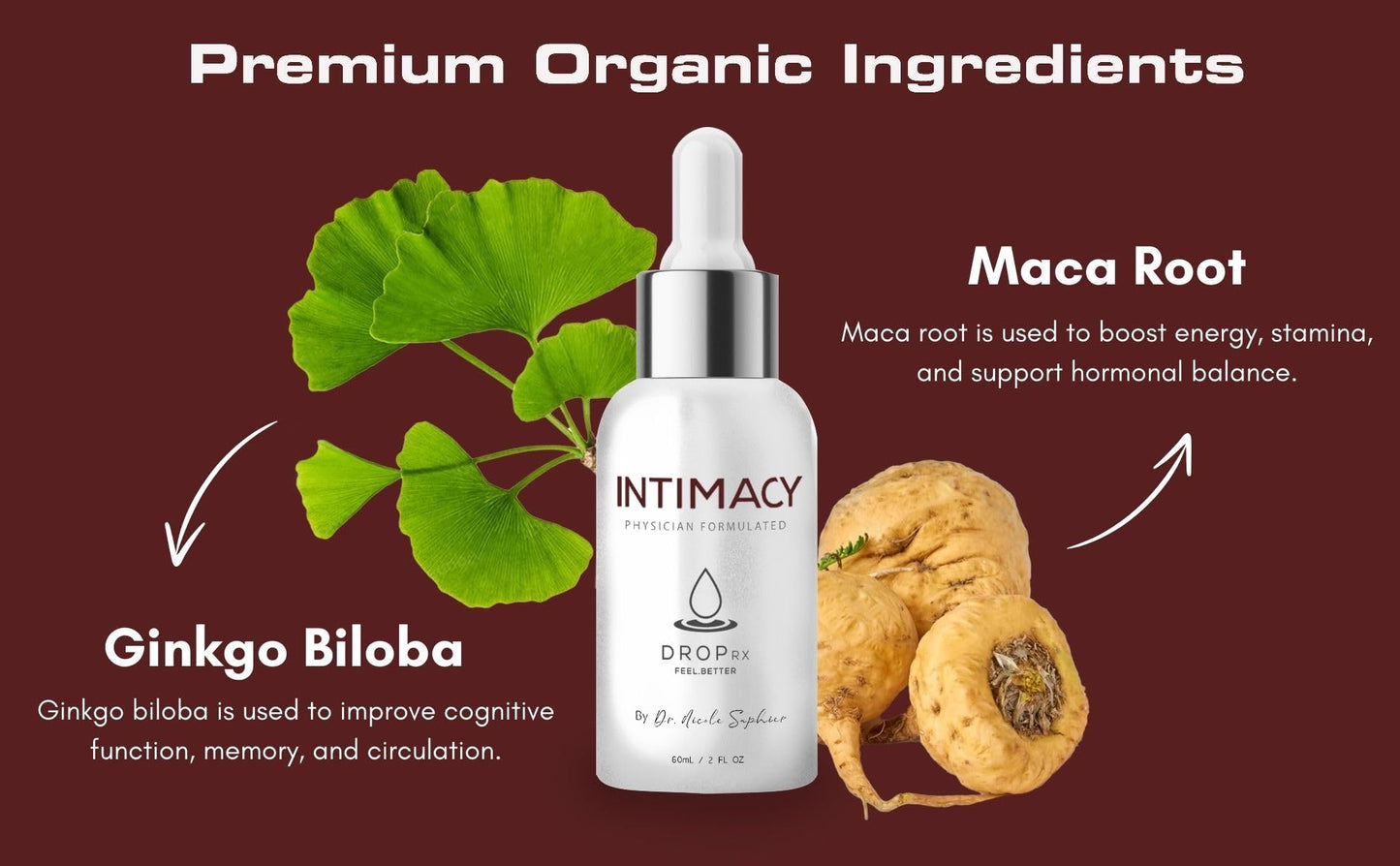 Drop Rx Intimacy by Dr. Nicole Saphier – Organic Maca Root, Ginkgo Biloba & Tribulus Terrestris, Liquid Supplement for Support, Non-GMO, Vegan, Gluten-Free, Kosher, Made in USA (2 Fl Oz)