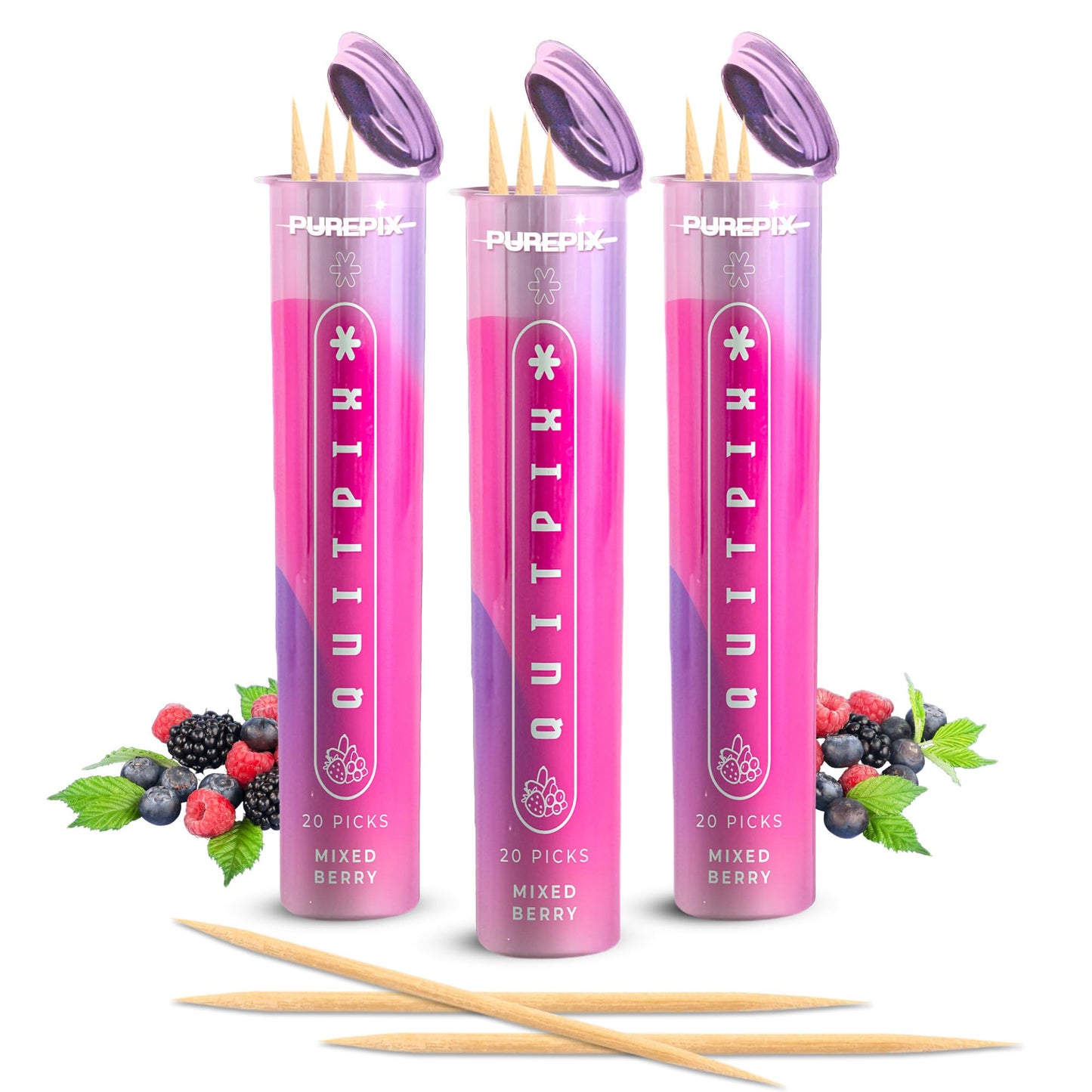 PurePix QuitPix May Help Quit Smoking Extra Thick Boosting Flavored Toothpicks with Lobelia to Help Quit Smoking - Oral Fixation - Nicotine Free Toothpicks Mixed Berry 3 Pack
