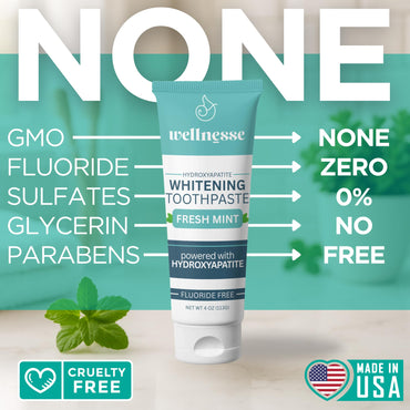 Wellnesse Whitening Hydroxyapatite Toothpaste with Xylitol, Natural Fluoride-Free Teeth Whitening Toothpaste for Adults, Strengthens Enamel, Supports Gum Health, Fresh Mint Flavor, 4 oz (Pack of 1)