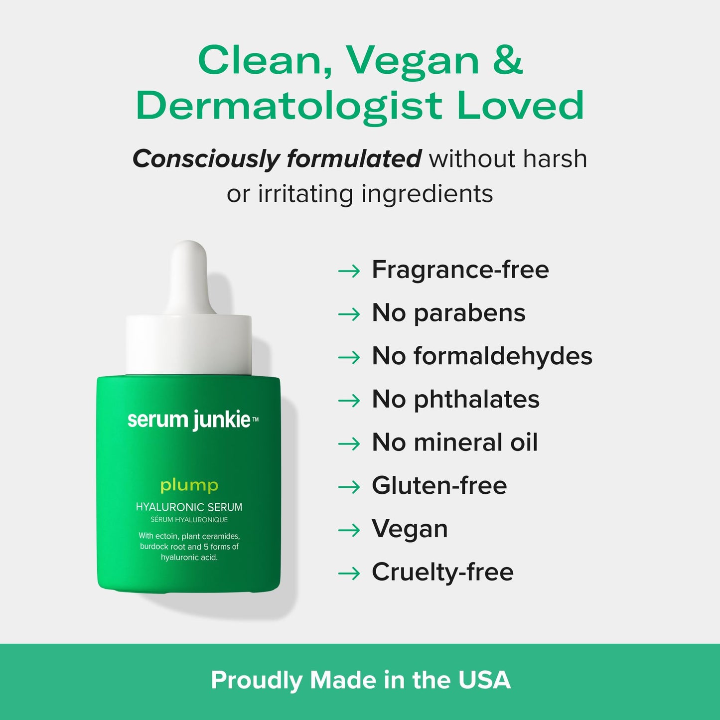 serum junkie PLUMP Hyaluronic Acid Serum with 5D Hyaluronic Complex, Ectoin, Plant Ceramides, Vitamins B5 & E, Deep Hydration, Strengthens Skin Barrier, Fragrance-Free, 1 fl oz