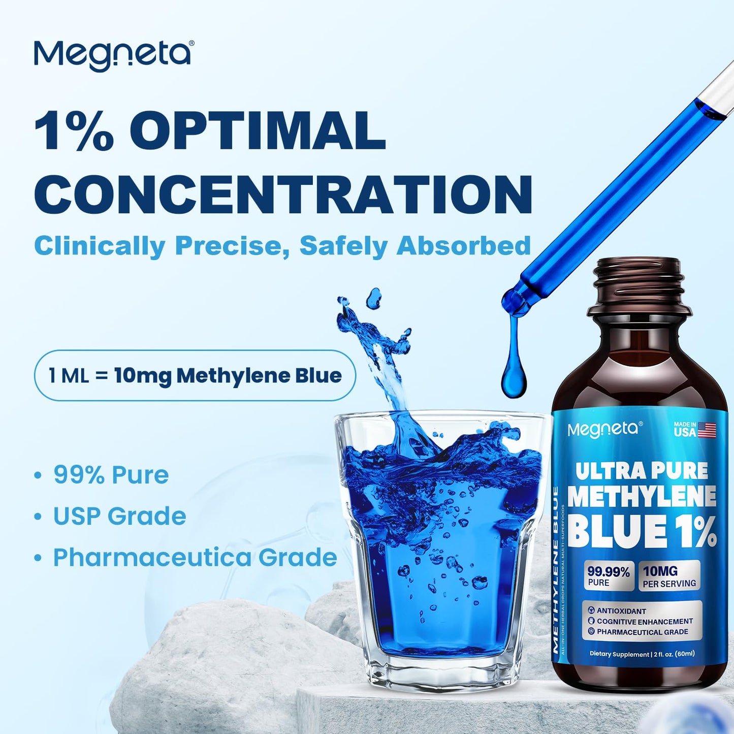 Methylene Blue Drops 1% USP, Pharmaceutical Grade Supplement for Brain & Cellular Health, No Formaldehyde, Made in USA, 2 Fl Oz