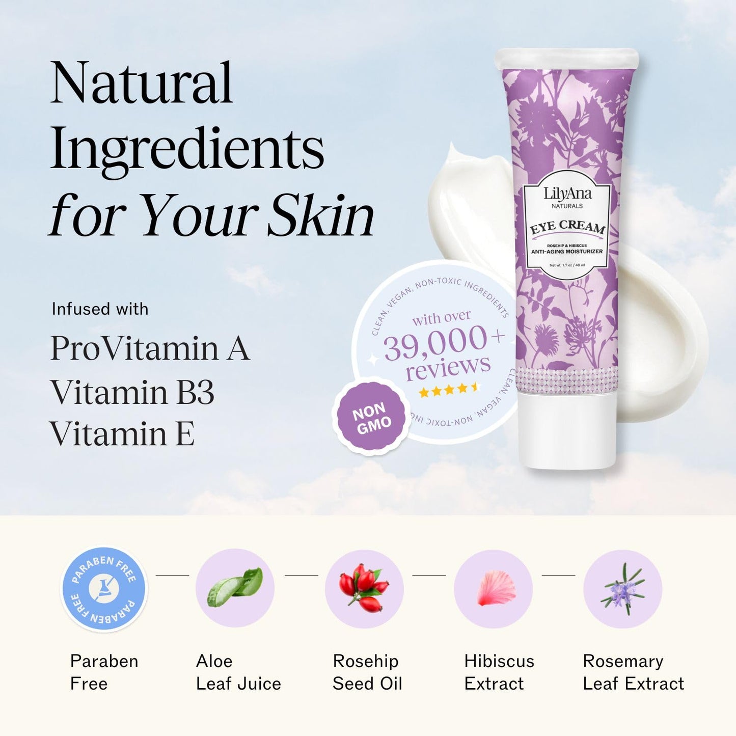 LilyAna Naturals Eye Cream for Dark Circles and Puffiness, Under Eye Cream for Wrinkles and Bags, Anti Aging - helps Improve Dryness; for Sensitive Skin - 1.7 oz - Made in USA