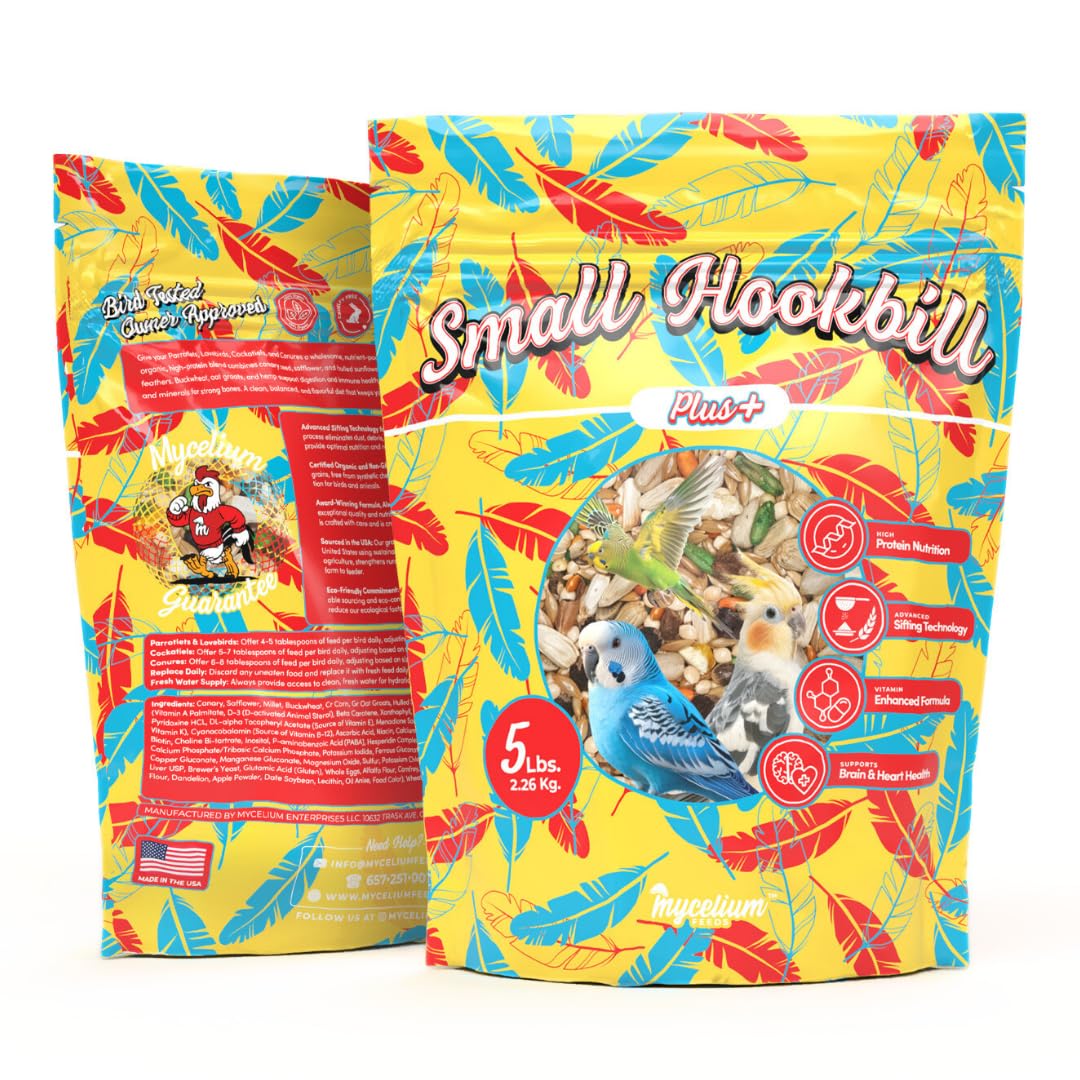 Mycelium Organic Small Hookbill Plus Feed (5 LBS) | High-Protein Bird Food for Parrotlets, Lovebirds, Cockatiels & Conures | Brain & Heart Support | Omega-Rich, Vitamin-Fortified | Non-GMO, USA Made