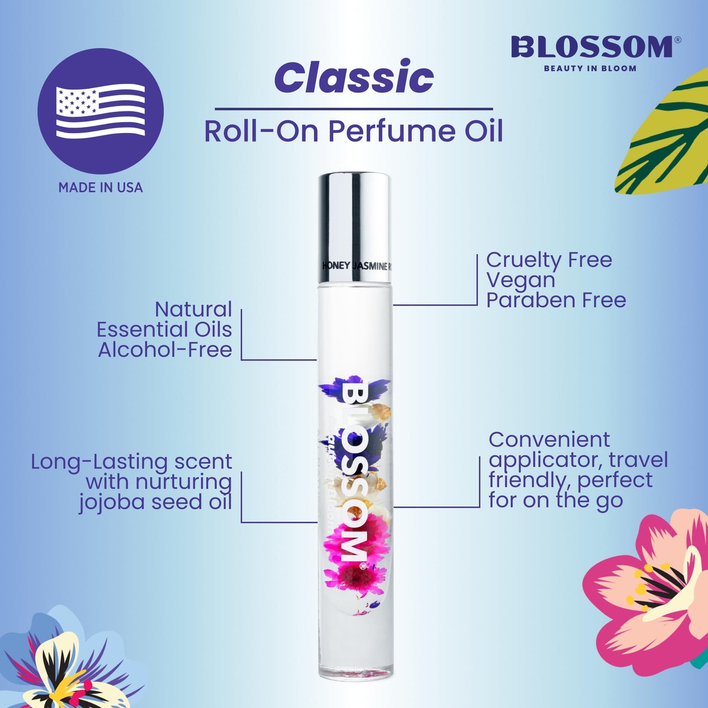 Blossom Roll on Perfume for Women Alcohol Free Rollerball Perfume Oil with Essential Oils, Infused with Real Flowers, Made in USA, 0.3oz, 3 pack Mini Gift Set, Hibiscus/Honey Jasmine/Rose