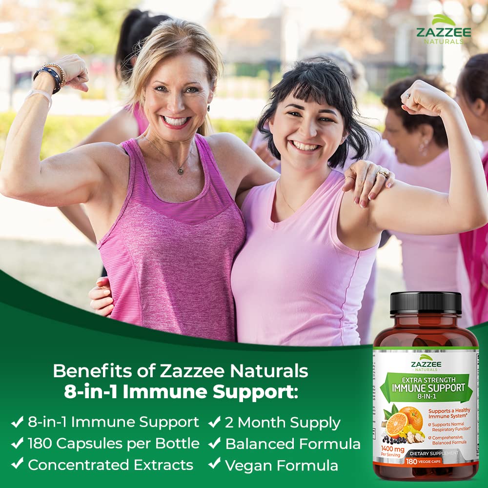 Zazzee Extra Strength 8-in-1 Immune Support, 1400 mg per Capsule, 180 Vegan Capsules, 1000 mg Vitamin C, 1000 IU D3, Zinc, Elderberry, Echinacea, Goldenseal, Turmeric, Astragalus, Made in The USA