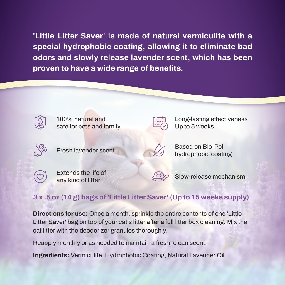 LITTLE SAVER Little Litter Saver | a New Generation Of Cat Litter Box Deodorizer | Unique Slow Release Formula | Natural Fresh Scent | Up to 15 Weeks Supply | 3 x 0.5oz bags (Lavender)