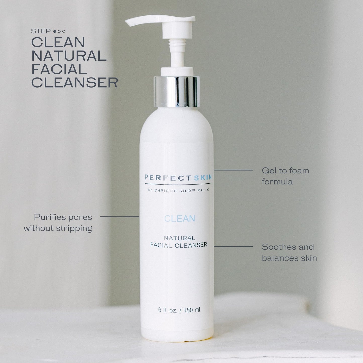 PERFECT SKIN BY CHRISTIE KIDD, PA-C Clean Natural Facial Cleanser – Gentle Face Wash with Aloe, Olive Leaf & Tea Tree – Soothes, Hydrates, Deep Cleans Pores – 6 fl oz (180 ml)