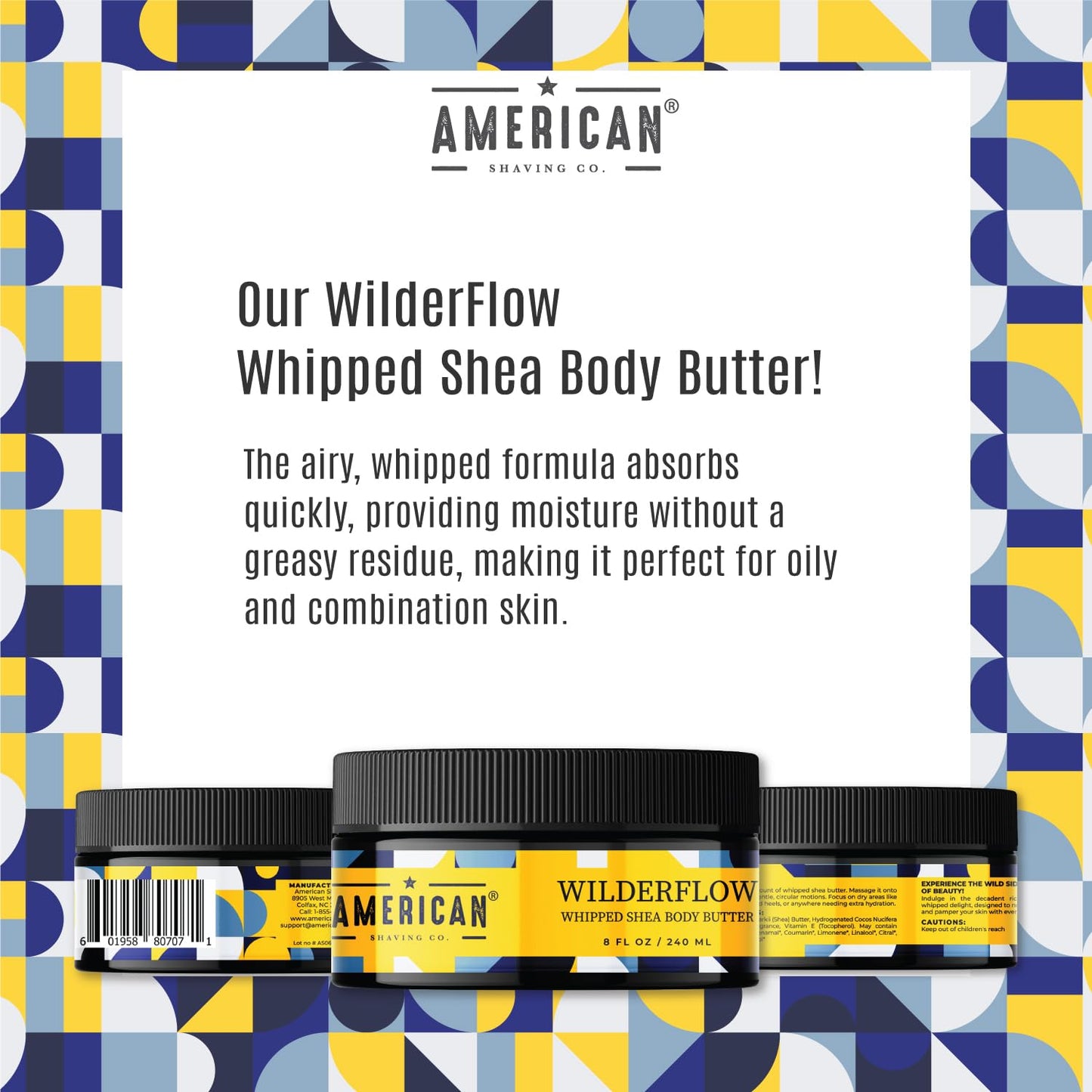 American Shaving Co. WilderFlow Whipped Shea Body Butter 8 Oz, Made in USA, Gentle Formula, Quality Potent Ingredients, Non-GMO, GMP Certified, Cruelty-Free Products