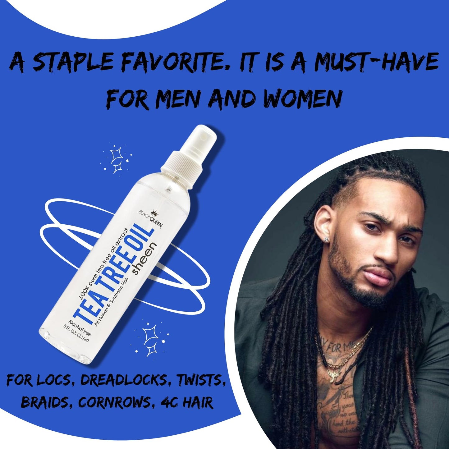 Black Queen Tea Tree Oil Sheen Spray for Locs, Dreadlocks, Twists, Braids, Cornrows, 4C Hair - Moisturizing, Refreshing - Made in the USA - 2 oz