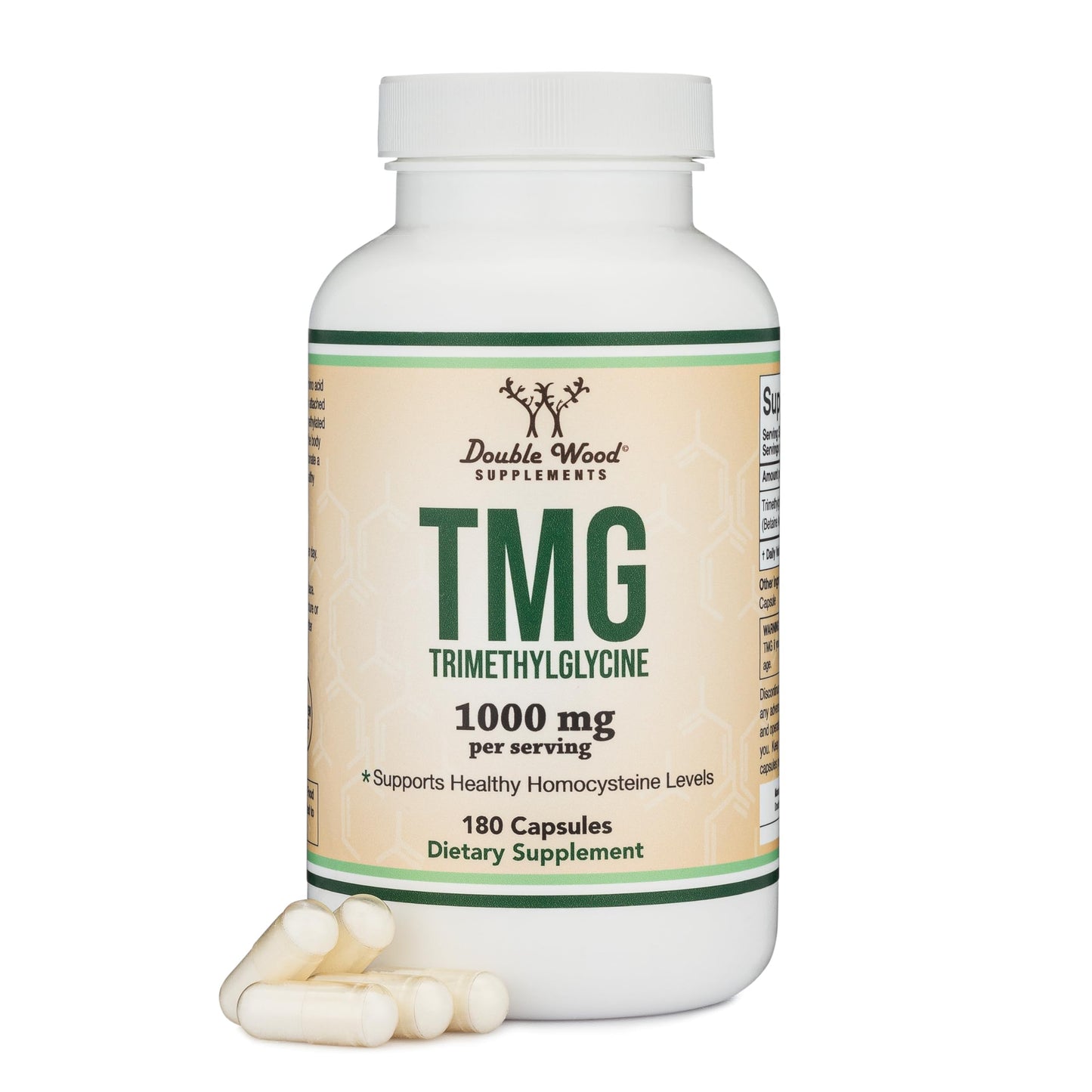 Double Wood Supplements TMG Trimethylglycine Supplement 1,000mg Per Serving, 180 Capsules (TMG Supplements for Homocysteine Control) Genuine TMG with Fishy Smell, Gluten Free, Non-GMO