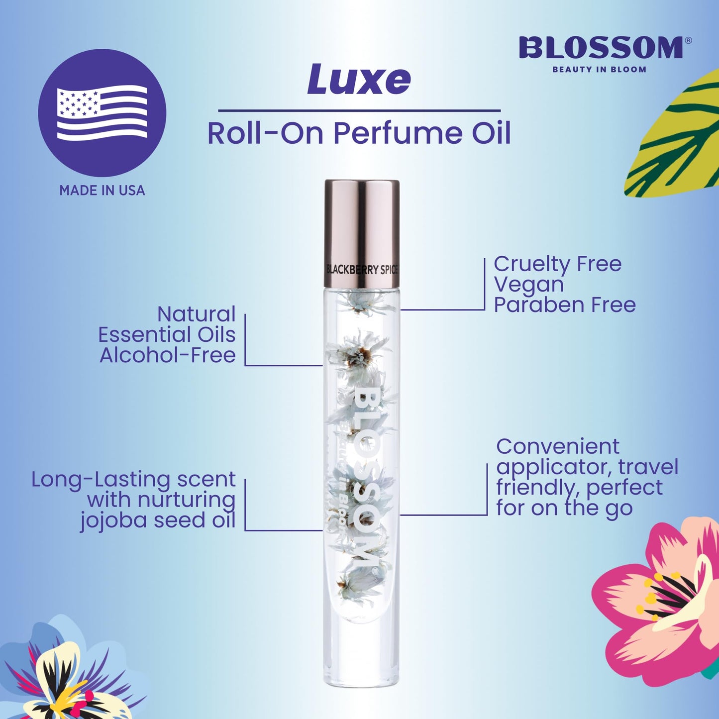 Blossom Roll on Perfume for Women Alcohol Free Rollerball Perfume Oil with Essential Oils, Infused with Real Flowers, Made in USA, 0.20oz (Dark Berries, Plum, Vanilla, Sugar), Blackberry Spice