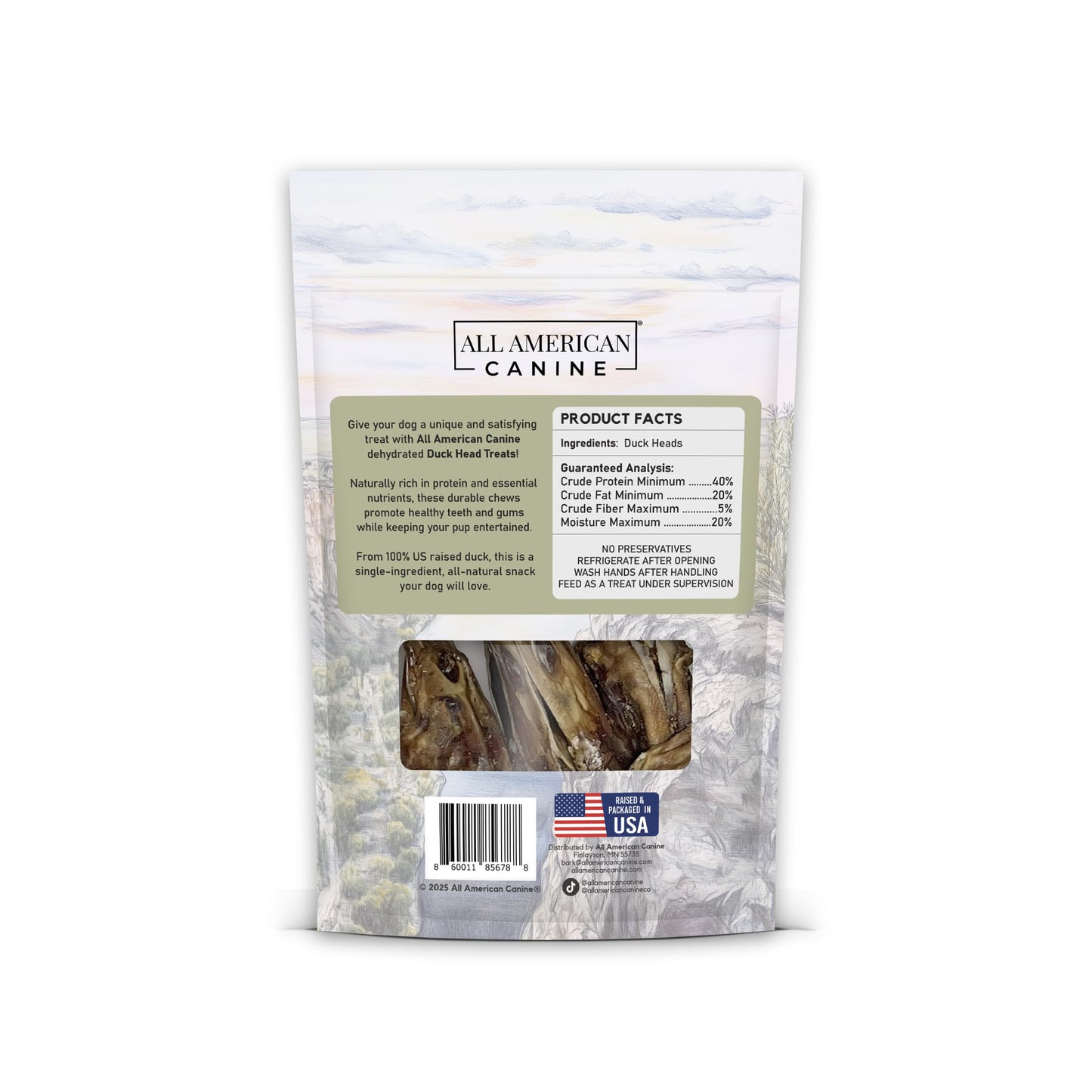 All American Canine 10 Natural Duck Head Dog Treats – Single Ingredient, Dehydrated & Digestible – Low-Fat, High-Protein Chew for Training & Dental Health – Made in USA