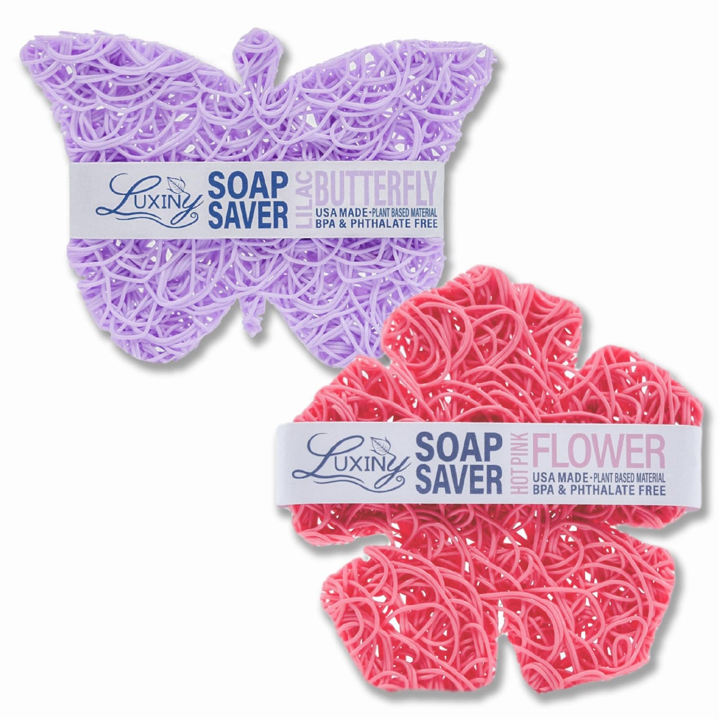 Soap Savers for Bar Soap/ShampooConditioner Bars,Made in USA by Luxiny|Lifts Bars in Soap Dishes&Shower Soap Holders|Handmade Soap Last Longer|Bars Dry Between uses(2 Pc,Purple Butterfly,Pink Flower)