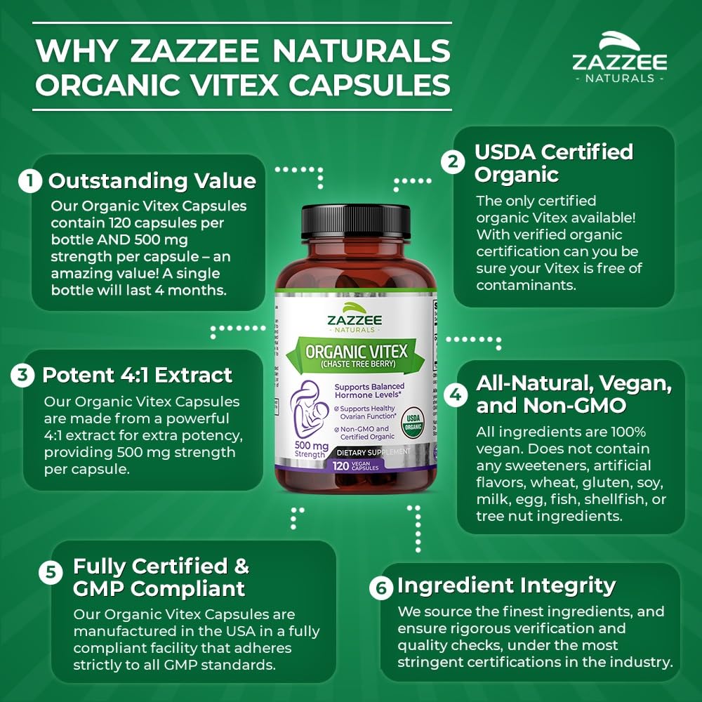 Zazzee USDA Organic Vitex, 500 mg Strength, 120 Vegan Capsules, 4 Month Supply, Standardized and Concentrated 4X Extract, Whole USDA Certified Organic Chaste Berry, All-Natural and Non-GMO
