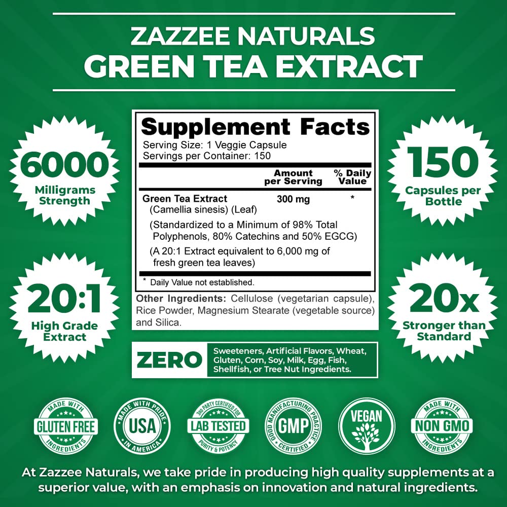 Zazzee Extra Strength Green Tea 20:1 Extract, 6000 mg Strength, 50% EGCG, 98% Polyphenols and 80% Catcehins, 150 Vegan Capsules, 5 Month Supply, Standardized and Concentrated 20X Potency, Non-GMO