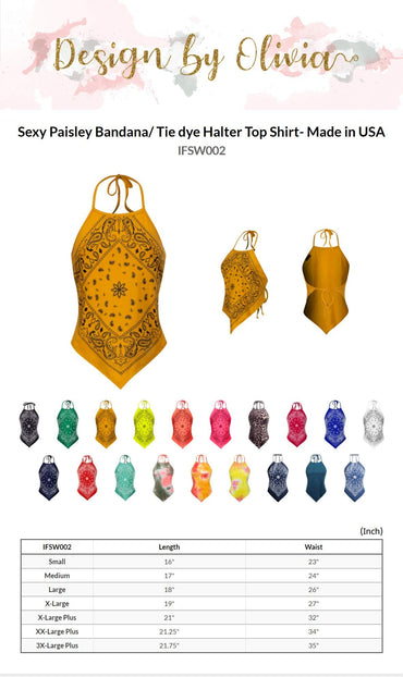 Design by Olivia Women's Sexy Paisley Bandana/Tie dye Halter Top Shirt- Made in USA