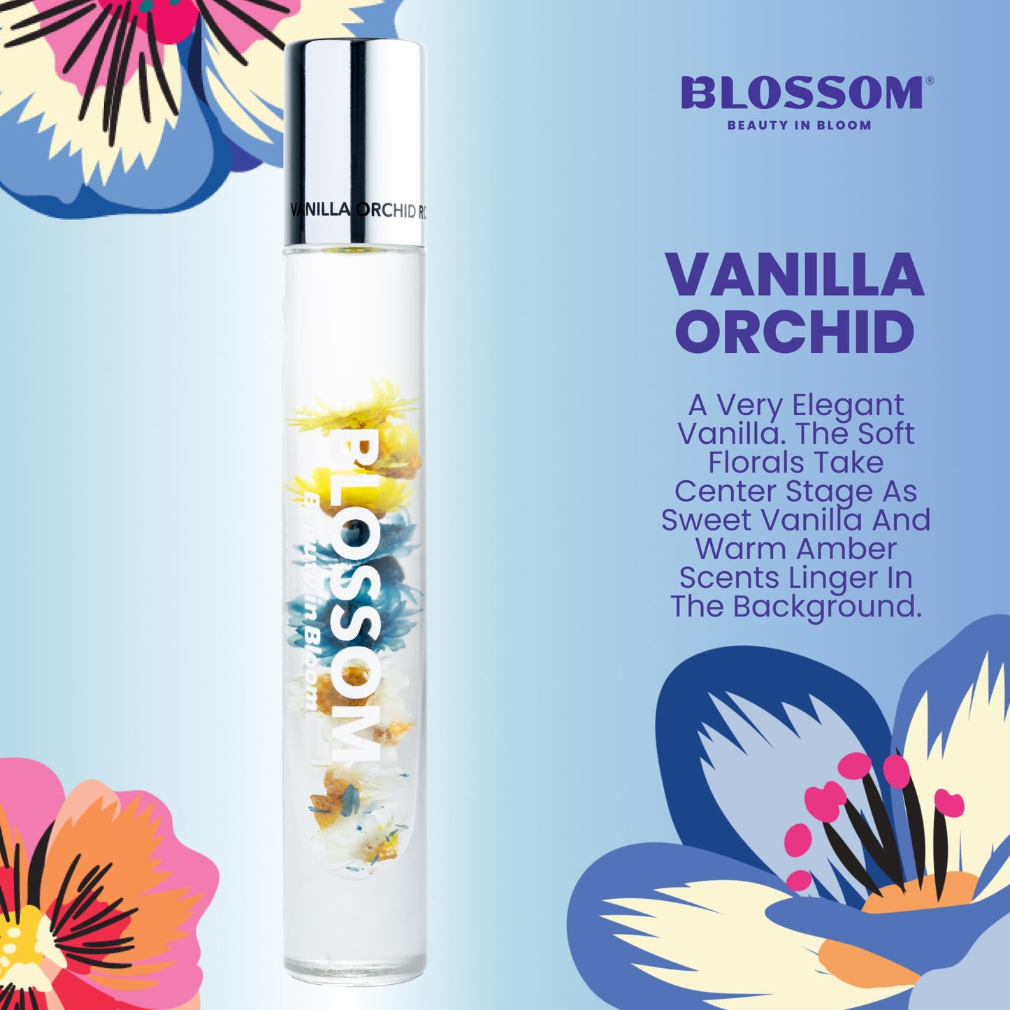 Blossom Roll on Perfume for Women Alcohol Free Rollerball Perfume Oil with Essential Oils, Infused with Real Flowers, Made in USA, 0.20oz (Vanilla, Amber), Vanilla Orchid