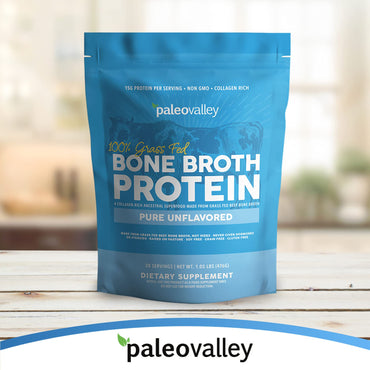 Paleovalley 100% Grass Fed Beef Bone Broth Protein Powder - Rich in Collagen Peptides for Hair, Skin, Gut Health, Bone and Joint Support - 28 Servings, 15g Protein Per Serving - No Gluten or GMOs