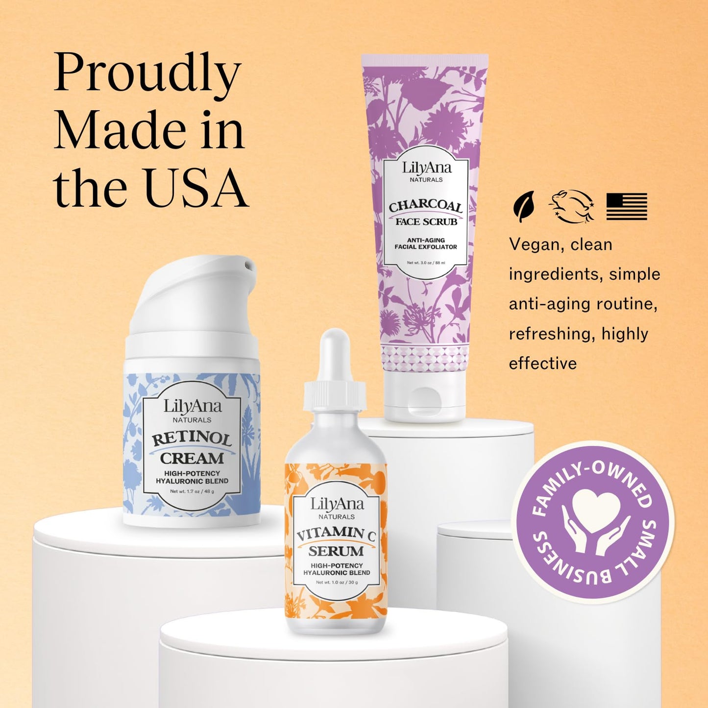 LilyAna Naturals Retinol Cream Moisturizer 1.7 oz, Charcoal Face Scrub 3 oz, Vitamin C Serum 1 oz Bundle - Anti Aging Wrinkle Cream for Face and Anti-Aging Brightening Serum and Facial Exfoliator