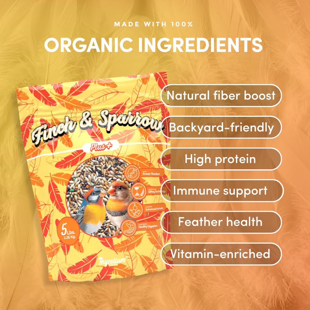 Mycelium Organic Finch & Sparrow Plus Feed (5 LB Bag) | High-Protein, Vitamin-Enriched Wild Bird Seed for Finches & Sparrows | Easy to Digest Seeds, Filler-Free | Non-GMO, Made in USA