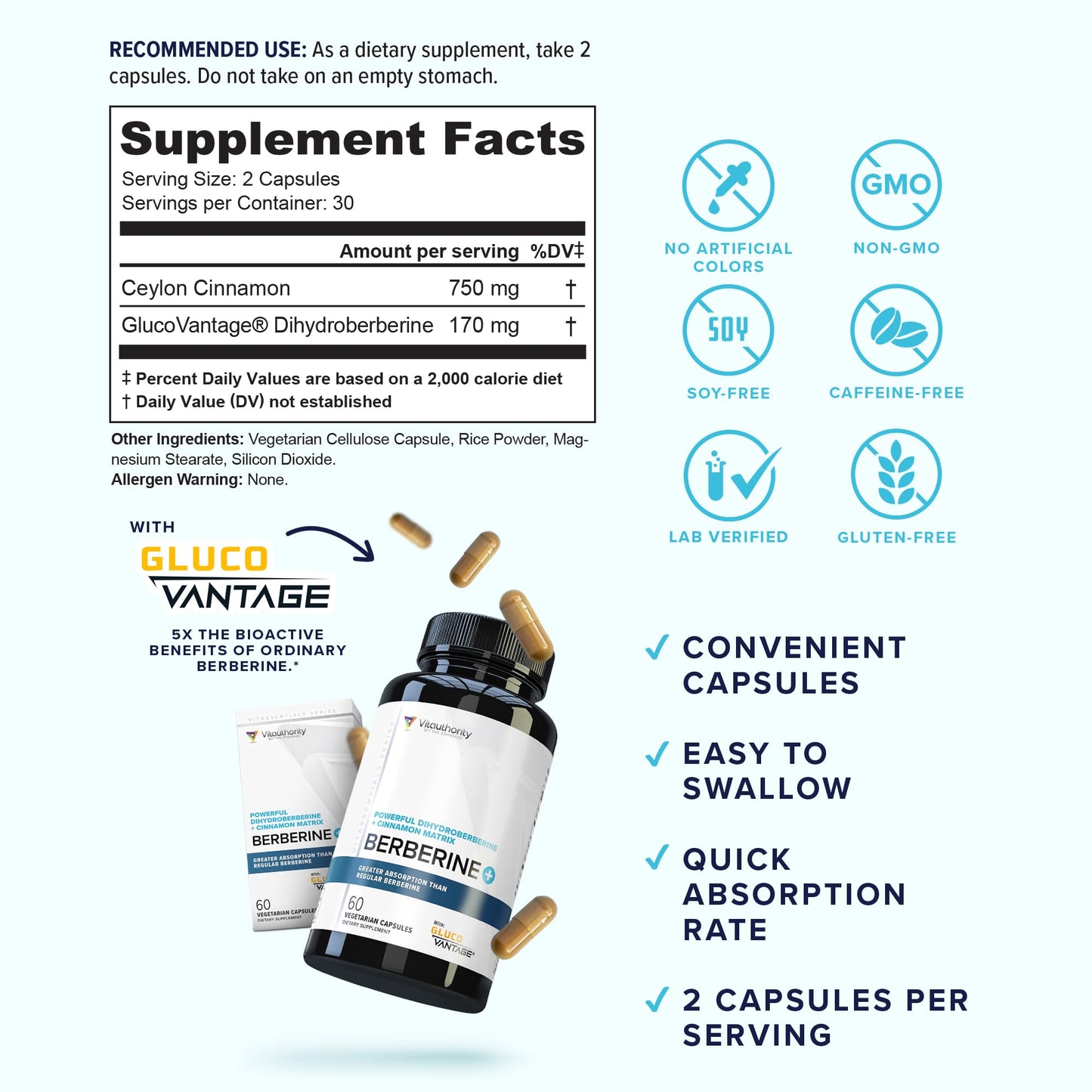 Vitauthority Berberine with Ceylon Cinnamon Supplements | High Absorption Dihydroberberine for Balance and Support | Vegan Powerful AMPk Activator & Antioxidant | 30 Servings