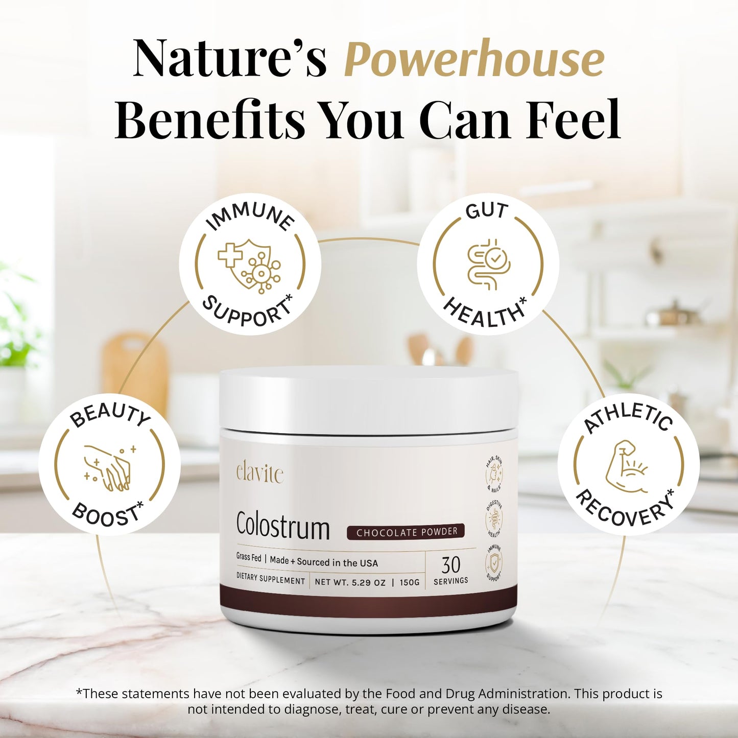 Elavite Colostrum Powder (Chocolate) Grass Fed Colostrum Supplement for Gut Health, Immune Support Healthy Hair, Skin & Nails - 30 Servings