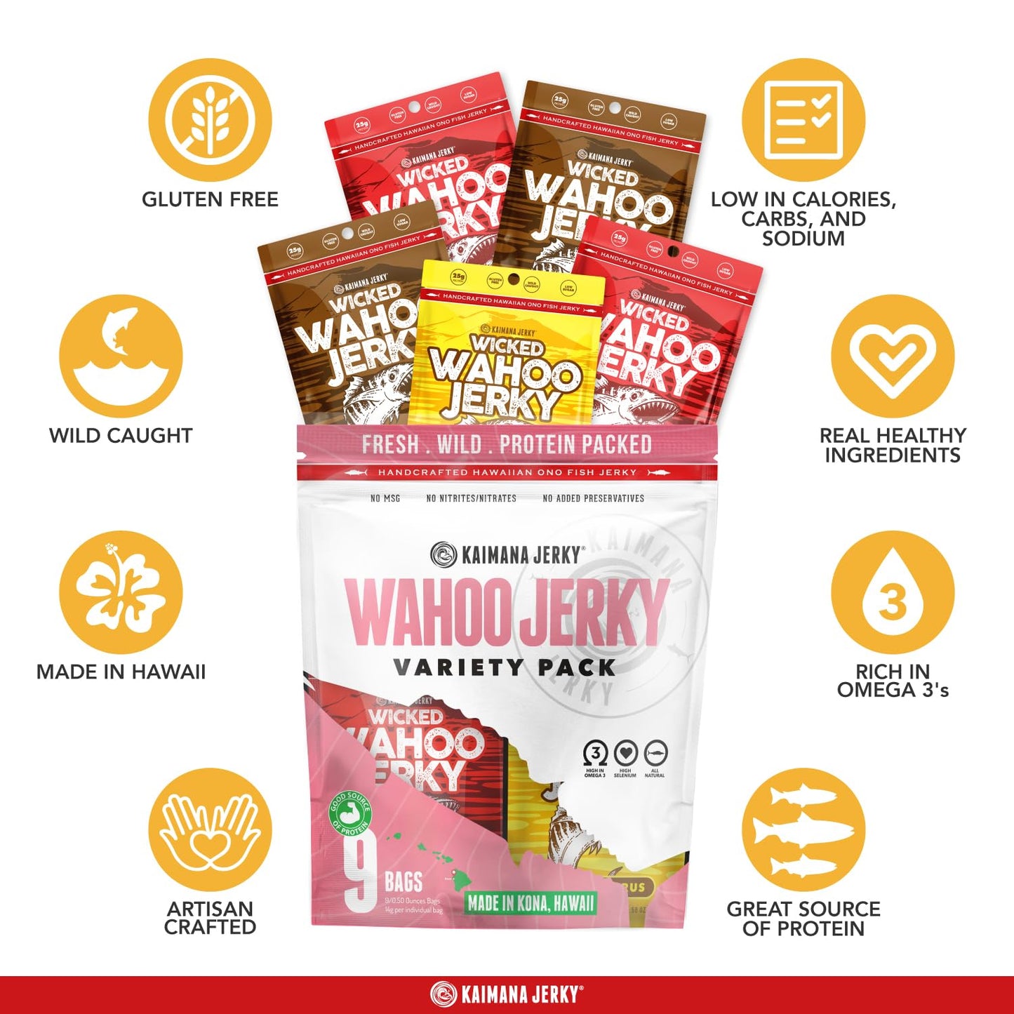 Wahoo Ono Fish Jerky Variety Sampler- Smokin' Hickory O.G, Island Citrus & Spicy Chili - Organic, Gourmet Smoked Fish Strips, Rich in Omega-3 & Protein, Low-Calorie, Low Sodium & Sugar- 9 Pack (0.5oz)