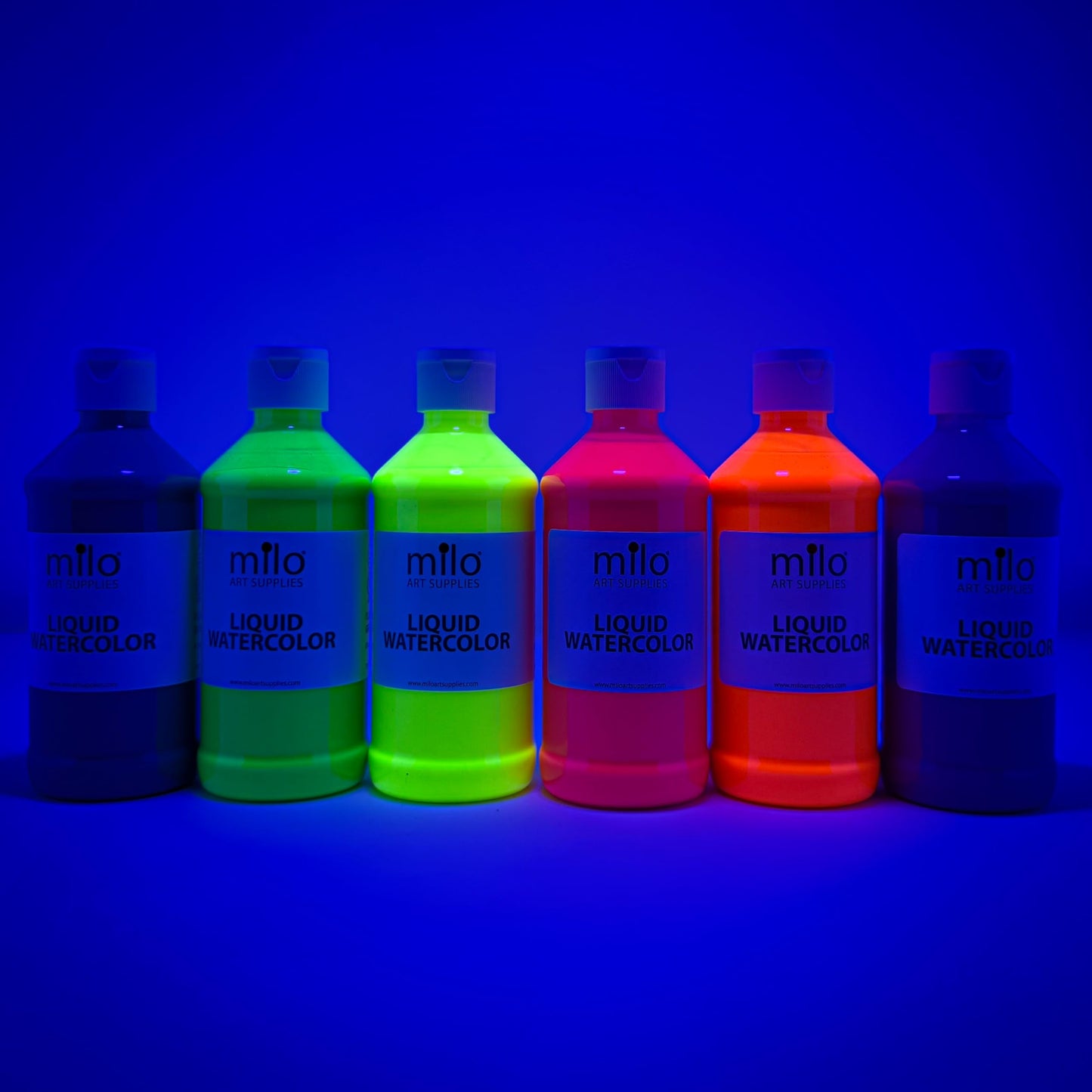 milo Fluorescent Liquid Watercolor Paint Set of 6 Colors | 8 oz Bottles | Neon, Washable, Safe and Non-Toxic | Made in the USA | Art & Craft Paints | Glows UV with Black Light