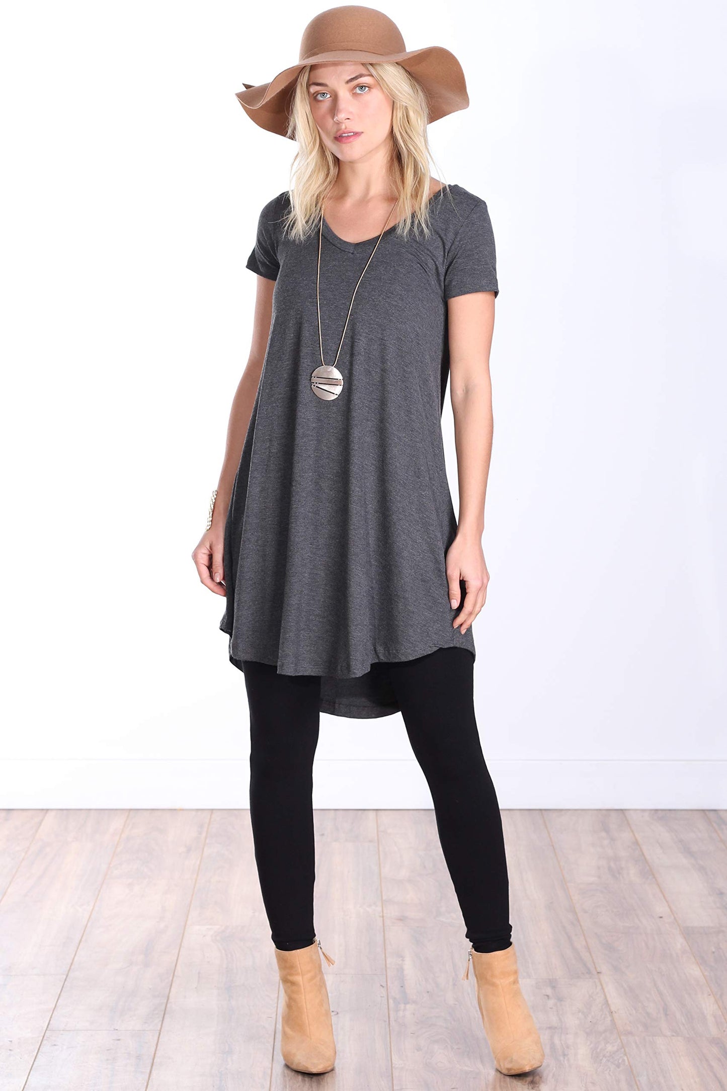 Popana Womens Short Sleeve Summer Tunic Tops to Wear with Leggings Loose Fit Made in USA Charcoal
