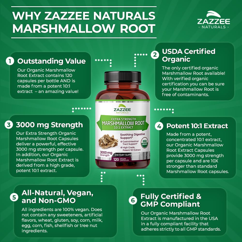 Zazzee USDA Organic Marshmallow Root 10:1 Extract, 3000 mg Strength, 120 Vegan Capsules, 4 Month Supply, Standardized, Concentrated 10X Extract, 100% Vegetarian, All-Natural, Non-GMO, Made in The USA