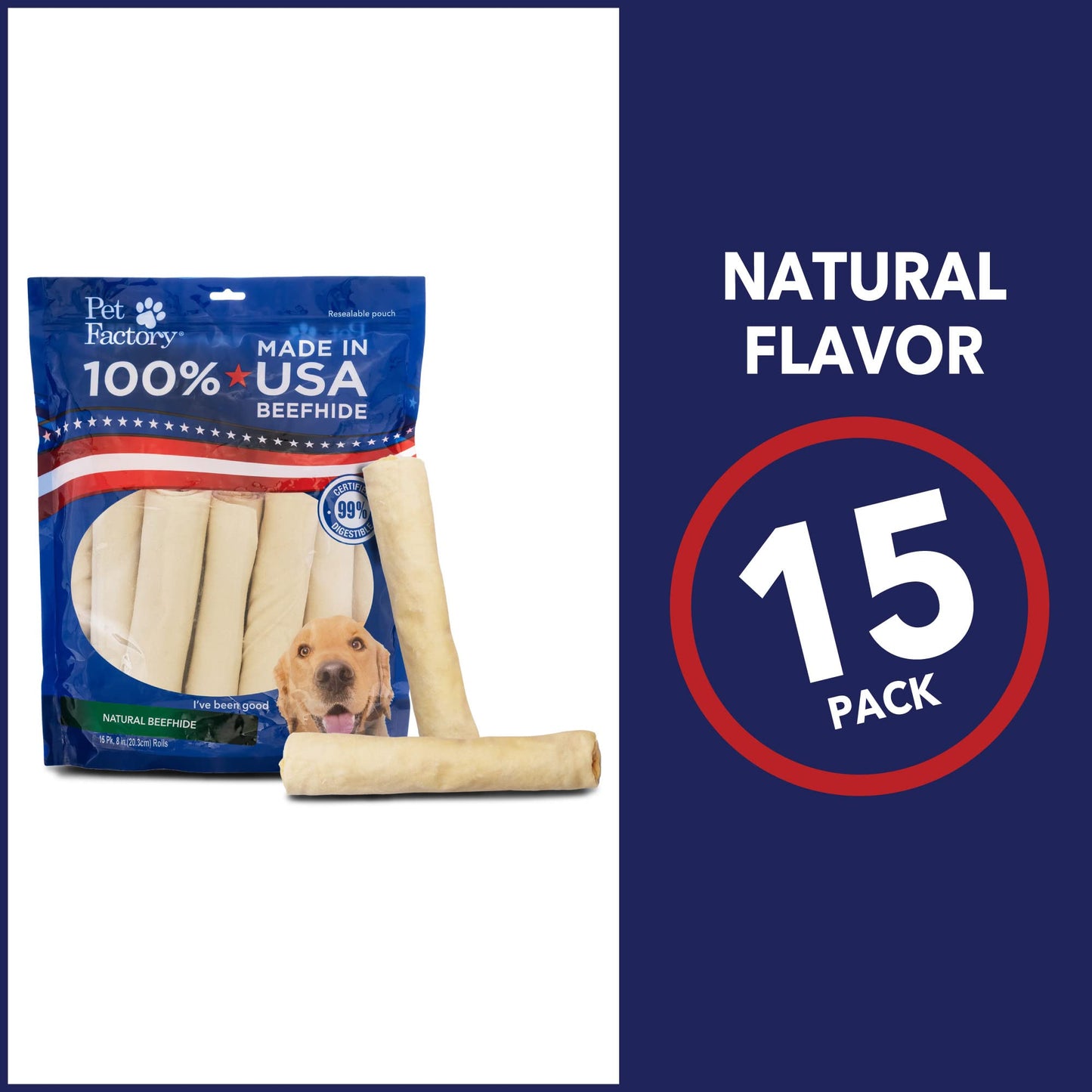 Pet Factory 100% Made in USA Beefhide 8" Rolls Dog Chew Treats - Natural Flavor, 15 Count/1 Pack