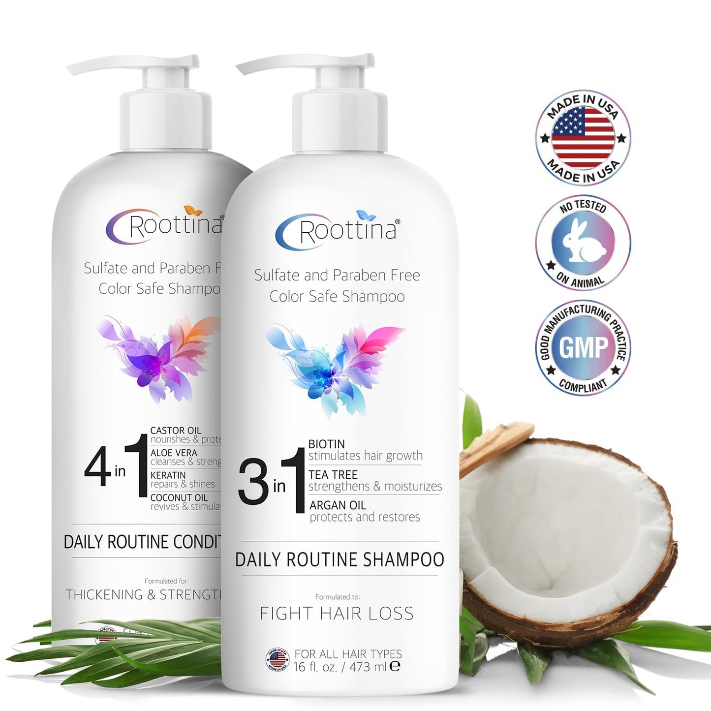 Fights Hair Loss – Roottina Daily Routine Shampoo and Conditioner for Women Hair Loss with DHT Blocker, Formulated for Thinning Hair & Hair Growth Support, Infused with Natural Oils (16 fl oz x 2)