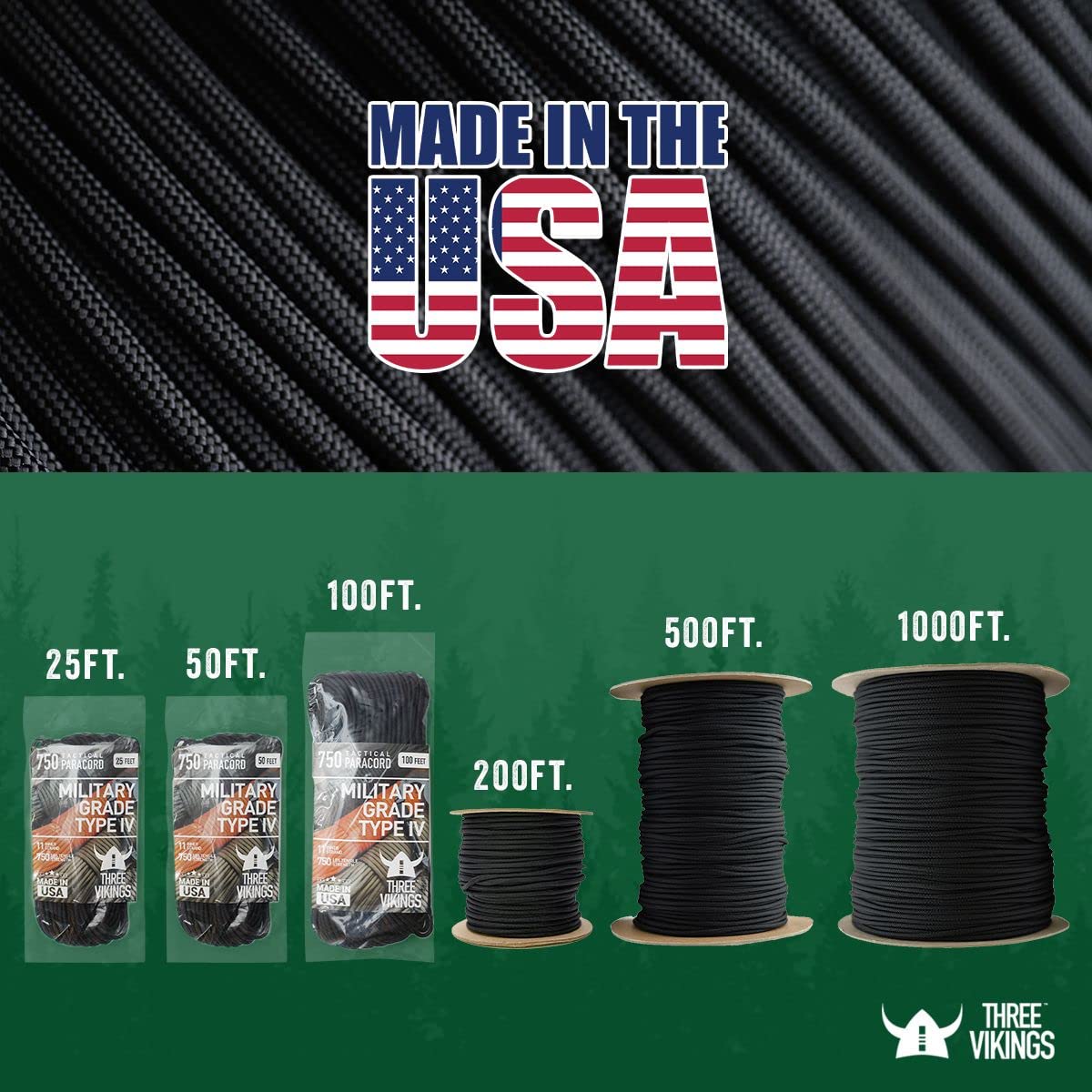 Three Vikings Paracord Rope - 100% Nylon 11 Strand Core - Type IV 750lb - Stronger Than Paracord 550 Cord - Made in USA - Available in Continuous Spools and Many Colors
